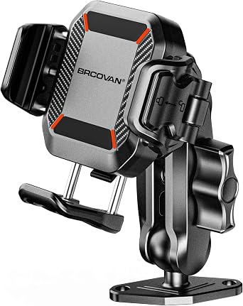 BRCOVAN Anti-Theft Phone Mount Holder with Vibration Dampener, 1s Locking | Dont Block Camera, with Aluminum Diamond Base & Medium Arm, for Car Boat Truck Motorcycle UTV, Fit 5.4-7.2 Smartphones