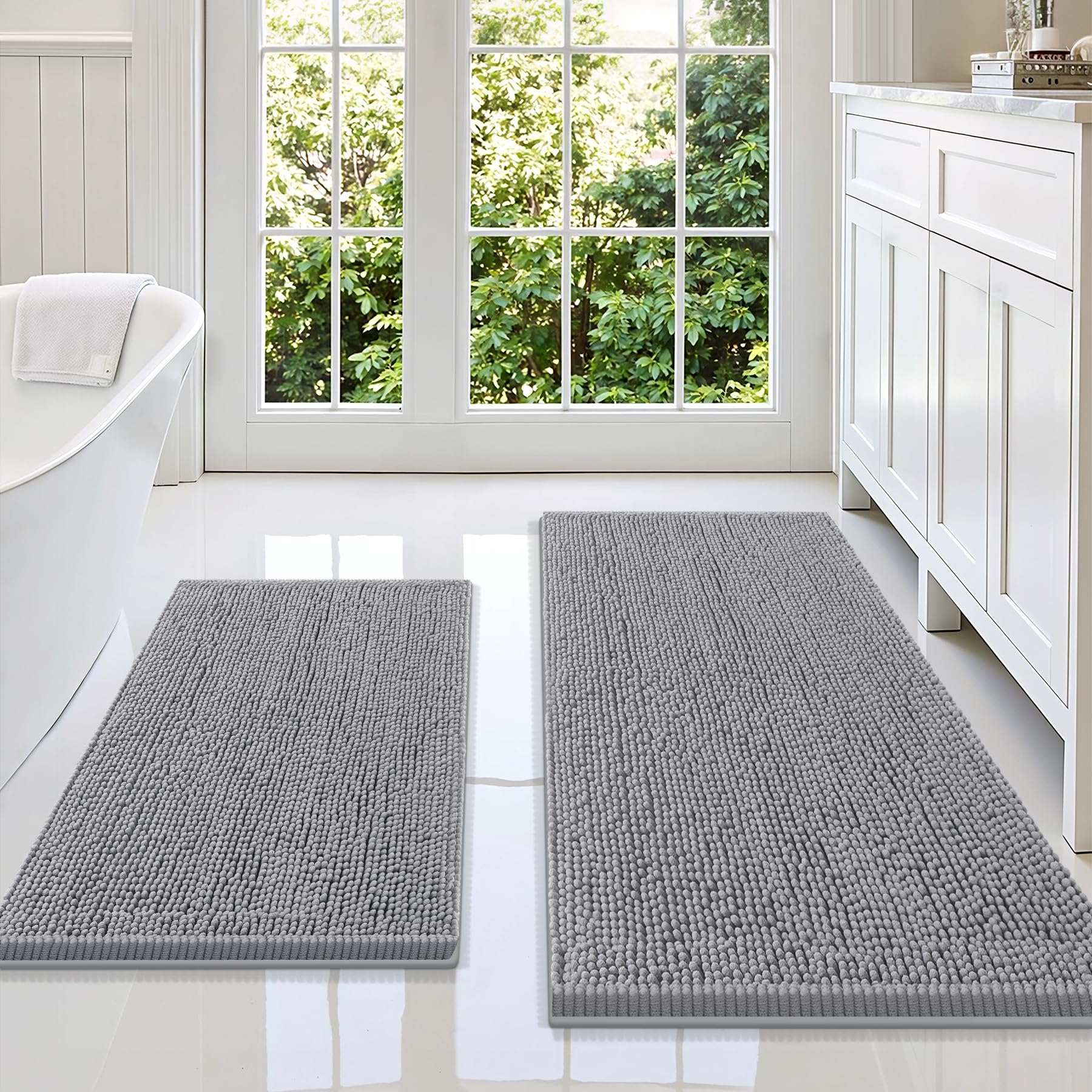 Smiry Chenille Bathroom Rugs Sets 2 Piece (47x20+30x20, Grey)