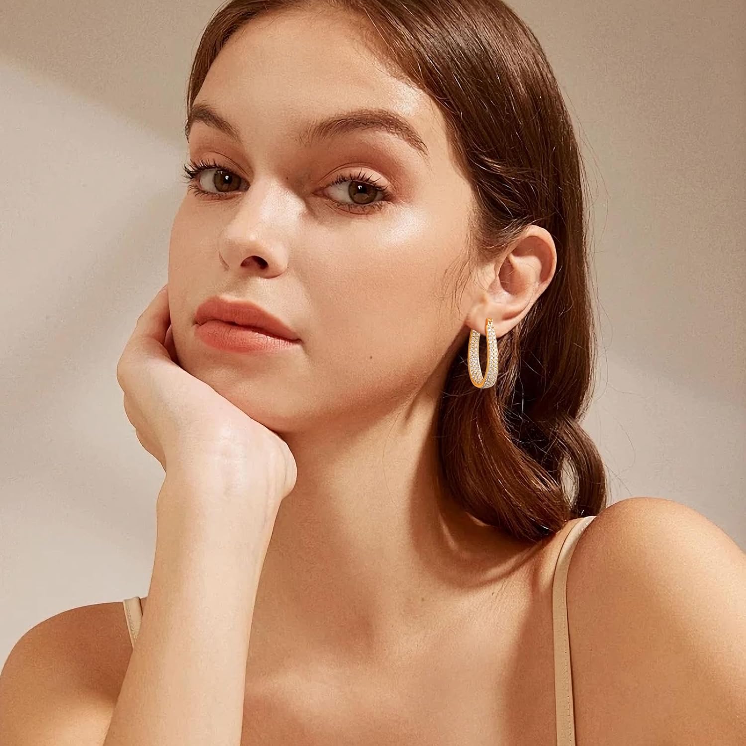 Gacimy 14K Gold Plated Oval Hoop Earrings for Women 14K Real Gold Plated, Chunky 14K Gold Plated Earrings Hoops for Women with Cubic Zirconia - Image 7