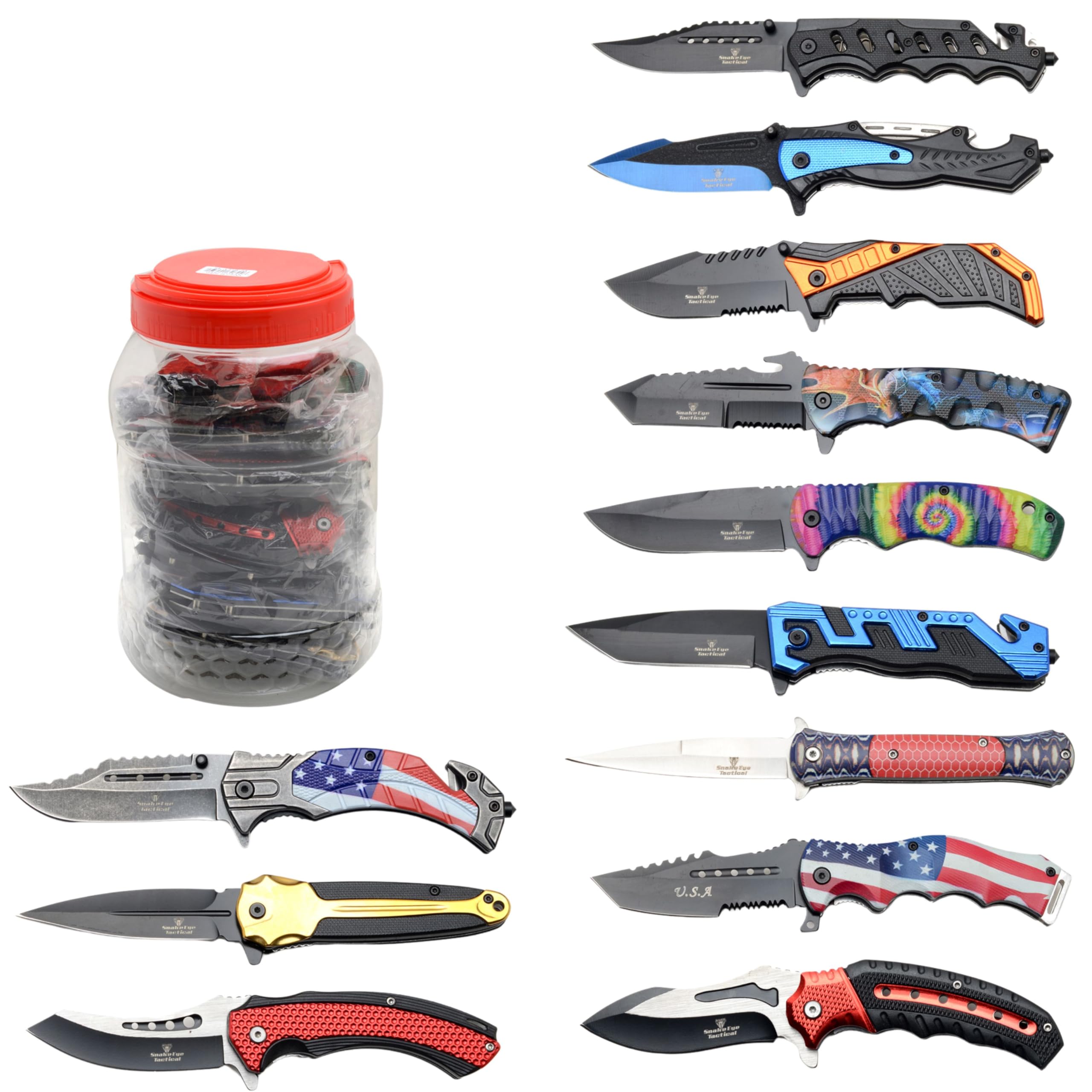 Snake Eye Tactical Spring Assisted Pocket Knife Set, 48 & 24 Different Knives, 4.5 Inch Closed, 3.5 Inch Blade, Counter Display Jar (Assorted-1328-24)