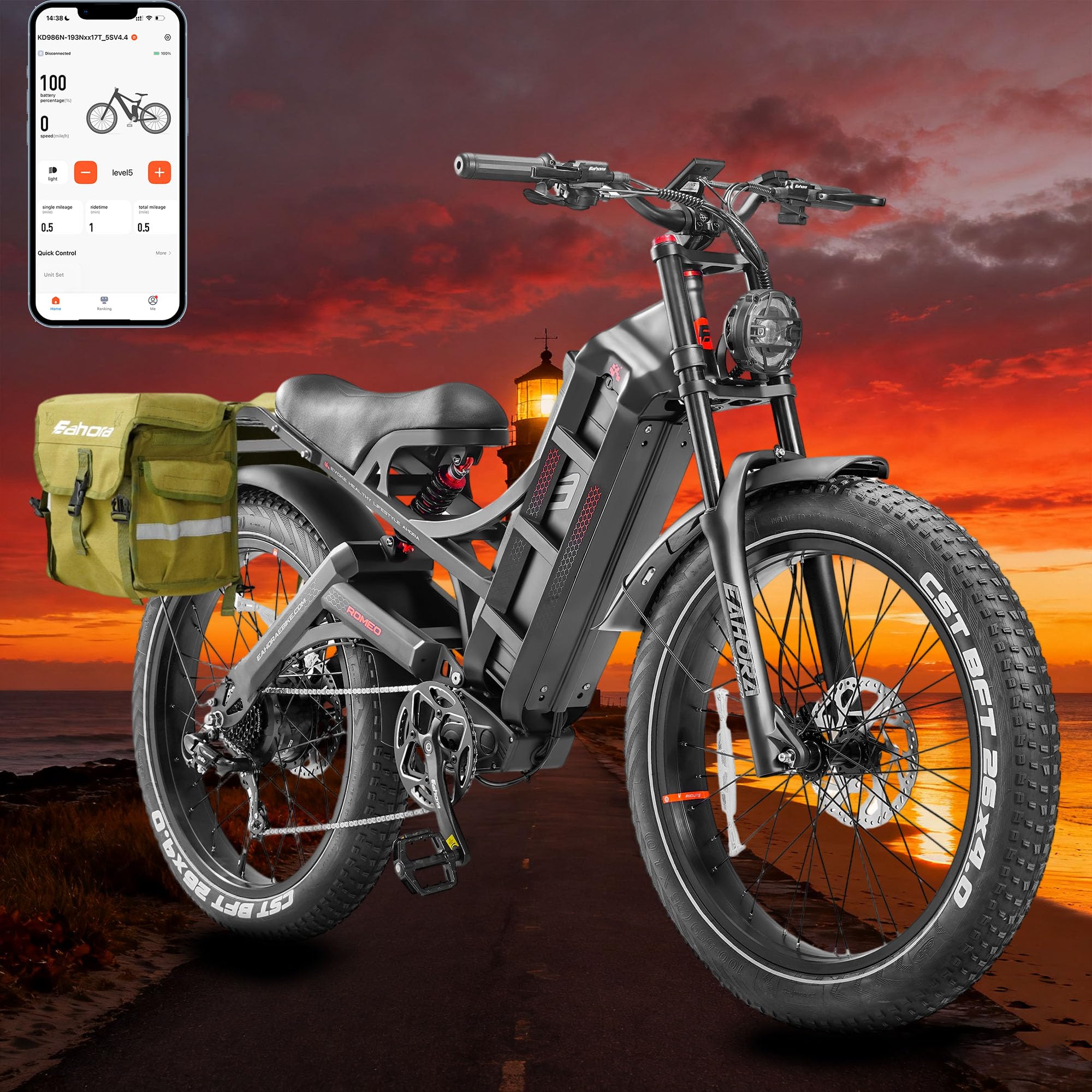 Eahora Romeo Pro 2/3 Ebike 1600W/4000W/5600W Electric Bike for Adults 34/46/50MPH 200 Miles Long Range Dual Motor 48/70/80AH Battey Electric Mountain Bike Dual Hydraulic Brakes Full Suspension EBike