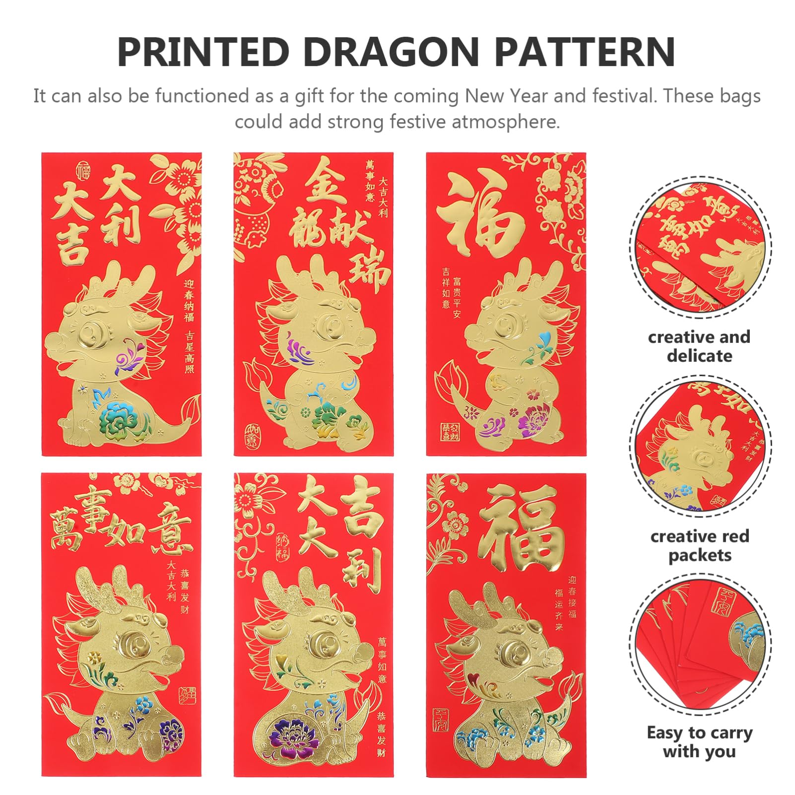 NUOBESTY 5 Ensembles Paquet Rouge 2024 Année Du Dragon Enveloppes D'Argent En Paquet Rouge Kits De Fête Enveloppes Rouges Pour Pièces De Monnaie Enveloppe D'Argent 60 pièces * 5