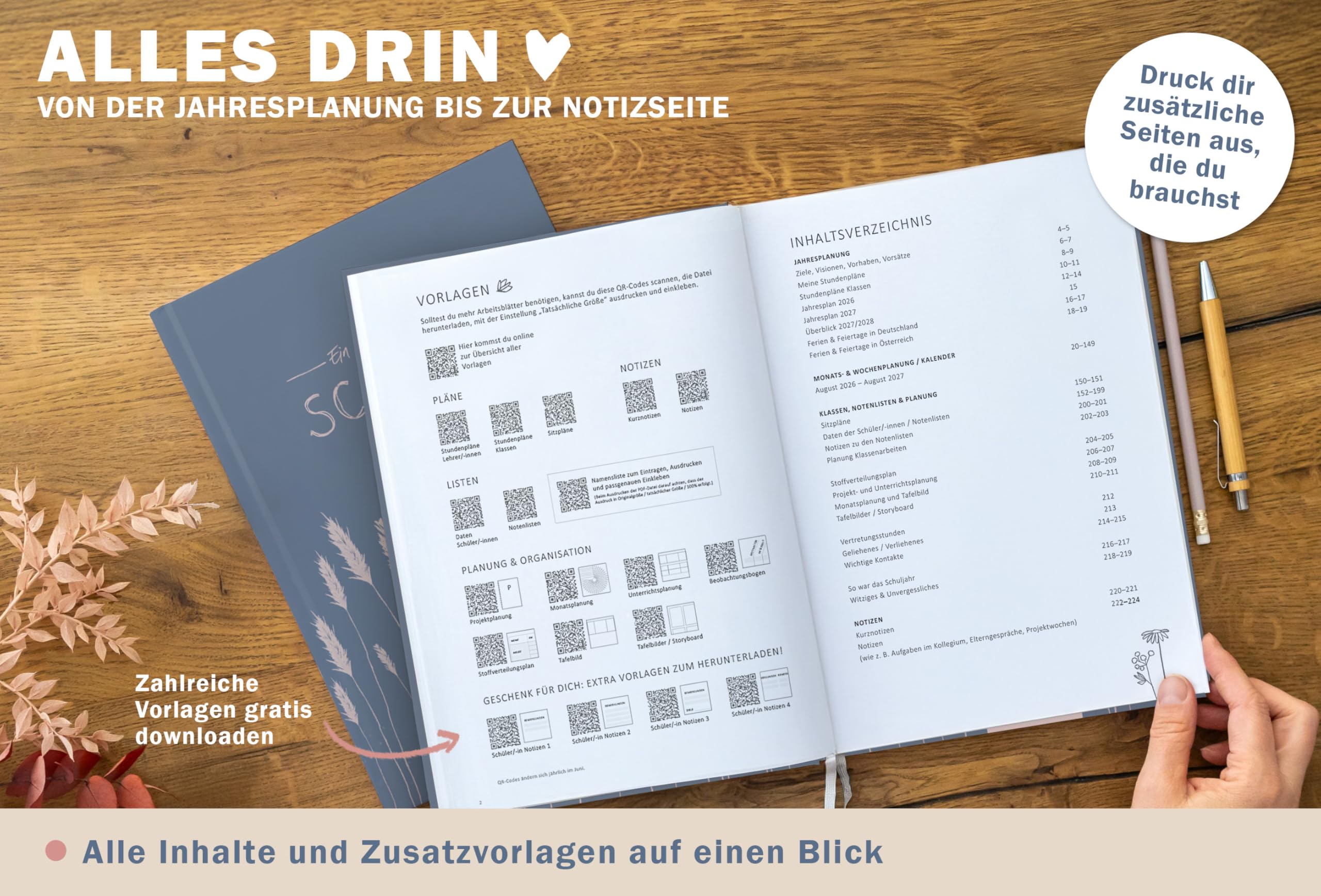 Eine der Guten Lehrerkalender 2026/2027 A4 Hardcover – Lehrerplaner Schuljahr 2026 2027 | 2 Lesebänder, Notenlisten & Klassenlisten | nachhaltig, FSC-Papier, klimaneutral | Blau Rosa Blumen