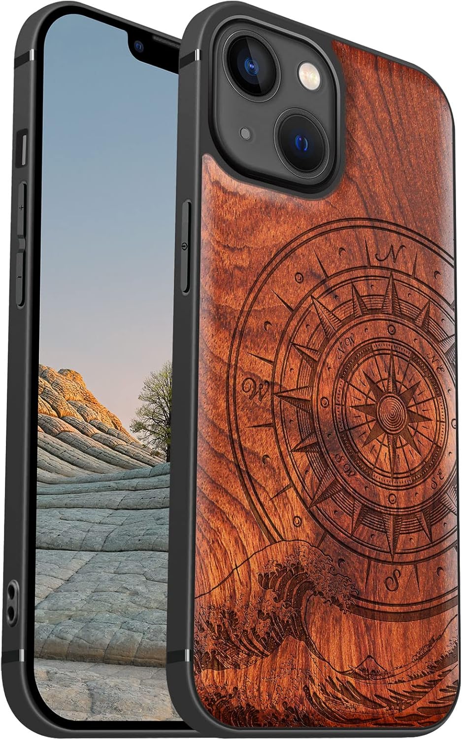 Custodia Carveit Per IPhone 13 In Legno Con Magneti: Cover Con Disegno Gufo Mandala (Nero). Protezione Antiurto E Ricarica MagSafe.