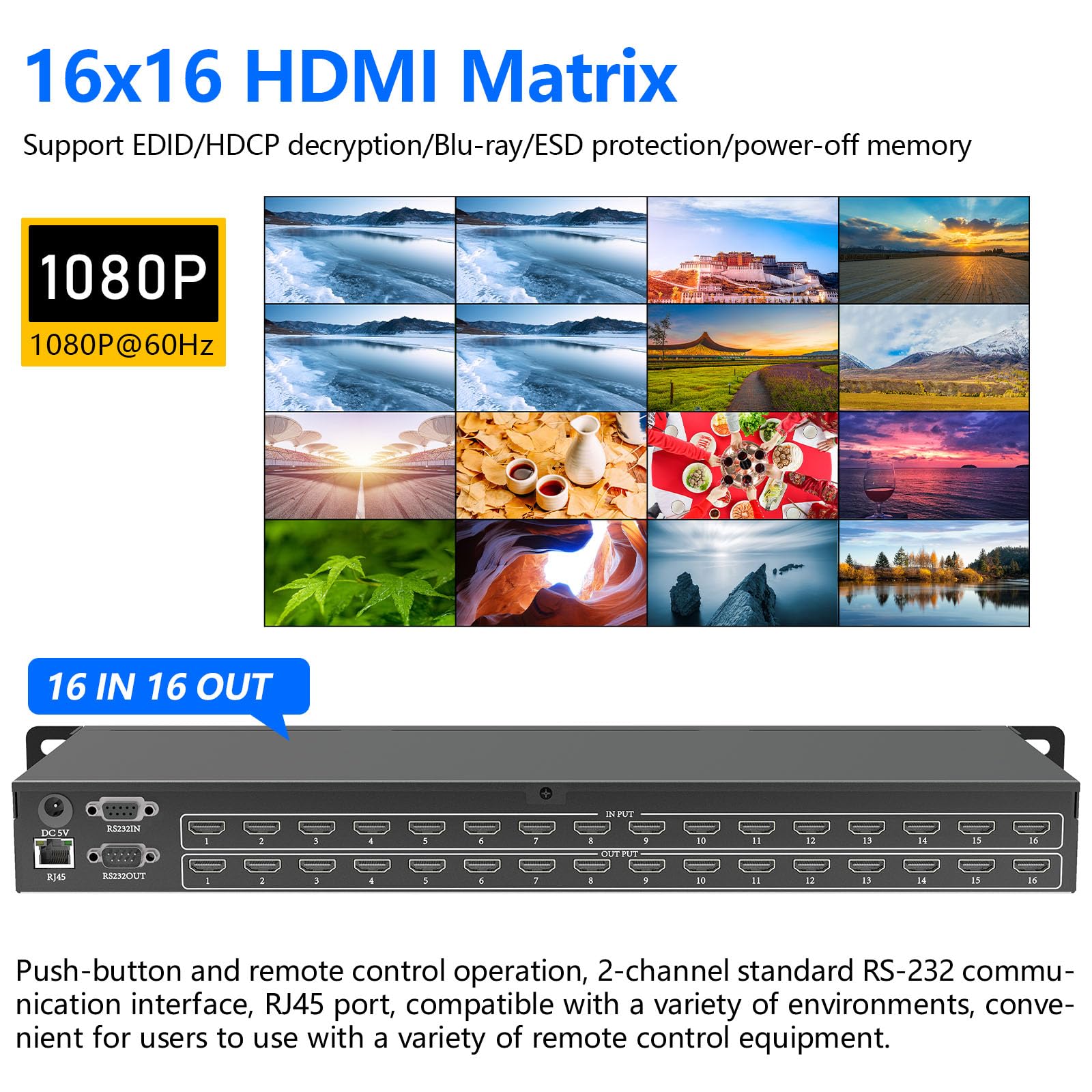 ICUIXIAN 16x16 HDMI Matrix Switch 2K@60Hz Rackmount HDMI Matrix 16x16 Splitter Support Web GUI-RS232-LAN Port Control?EDID?HDCP?Dolby Digital?DTS-HD Main Audio Transmission (16 Input 16 Output)