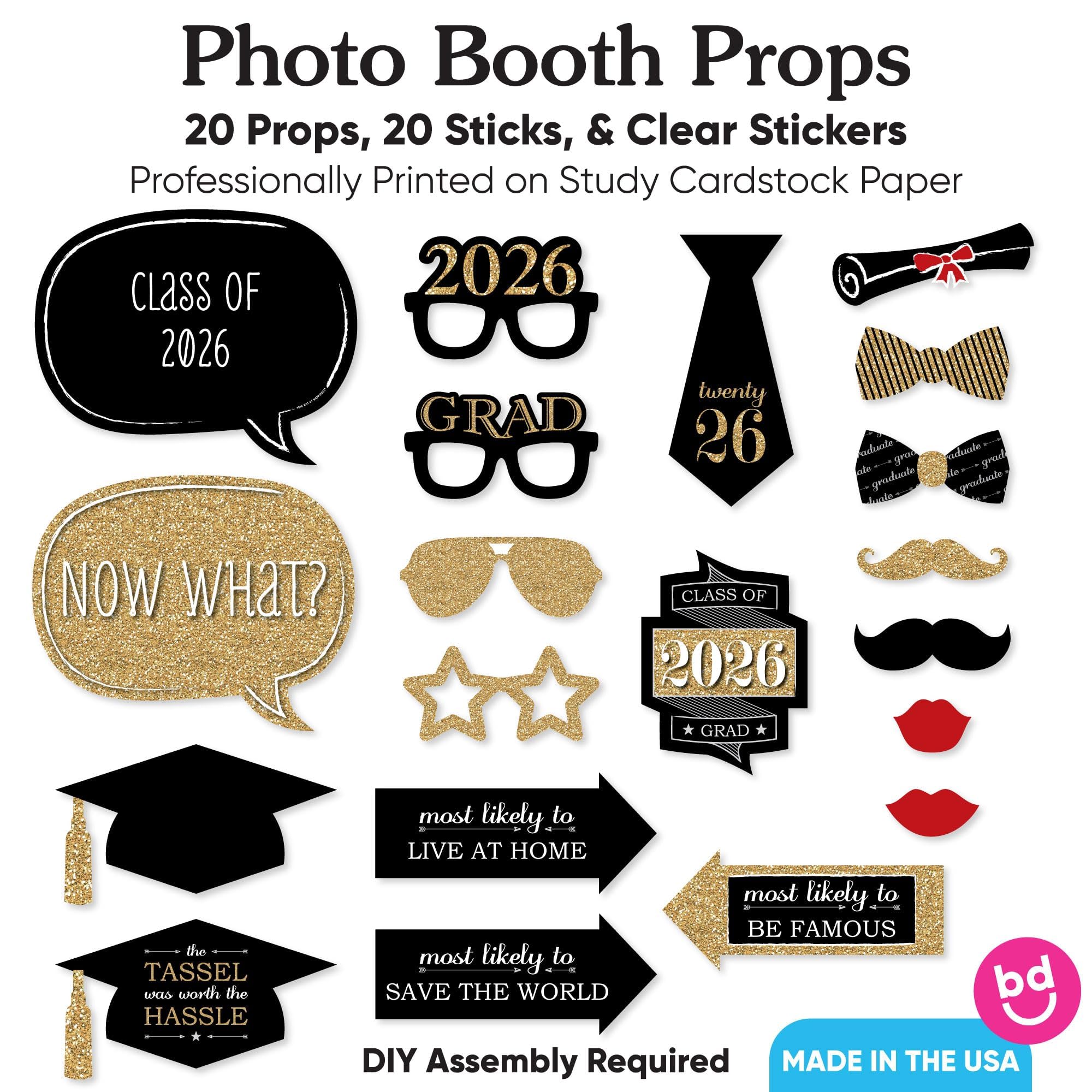Big Dot of Happiness Fiesta de graduación - Oro - Kit de accesorios para cabina de fotos de graduación 2024 - 20 unidades