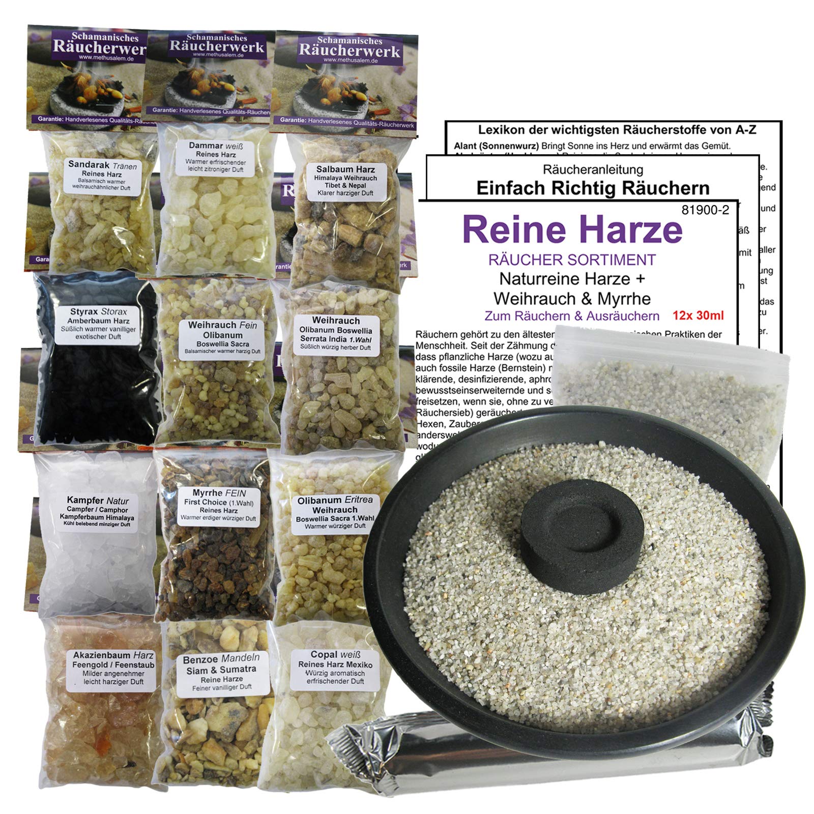 12 x Reine HARZE zum räuchern a 30ml (360ml) 17-TLG RÄUCHERSORTIMENT mit WEIHRAUCH + Olibanum + MYRRHE + DAMMARHARZ + Styrax UVM + 12cm Räucherschale + Räucherkohle + ZUBEHÖR. 81900-2S12