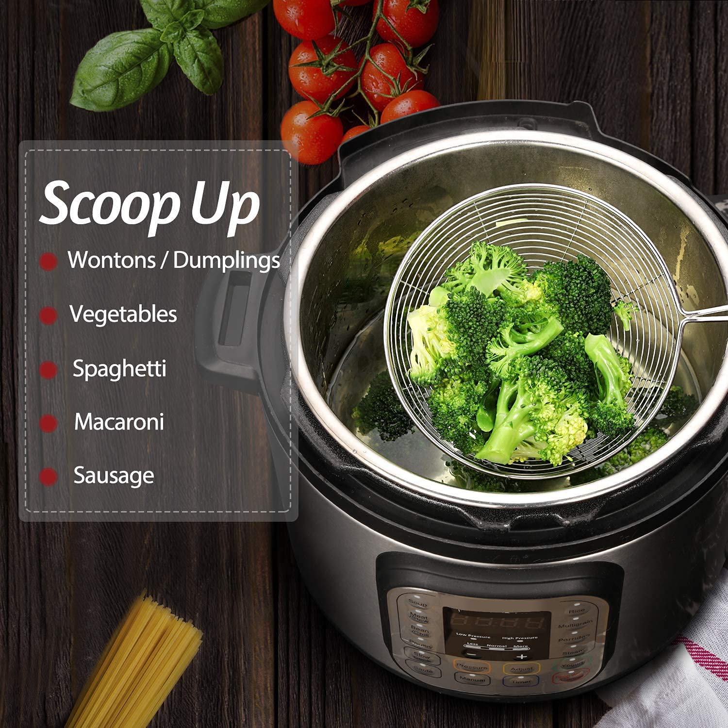 Signamio Cuchara de acero inoxidable de 20 cm de diámetro, colador de aceite para cocina, cuchara de freír para colador Puri y Poori, utensilio de cocina para freír, cocinar y colar, herramienta de