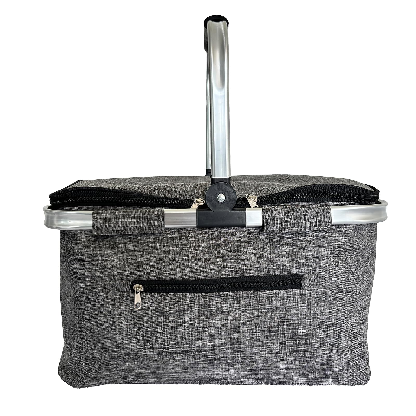 Faltbarer Einkaufskorb Grau, Großer Picknickkorb mit gepolsterten Griffe, praktischer Faltkorb, Einkaufstasche mit Aluminiumrahmen, robuster Korb