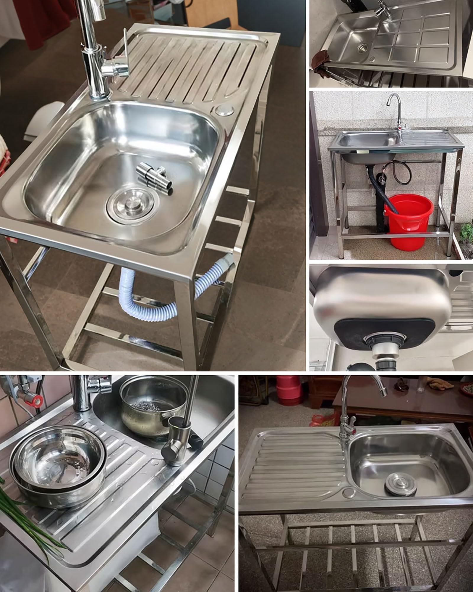 Edelstahl Werkstatt Waschbecken Outdoor Spülbecken Küche Spüle Freistehend Spültisch Mit Wasserhahn Für Camping/Garage/Waschküche Gewerbliche Restaurantspüle Leicht Zu Reinigen(75x40xH75cm)