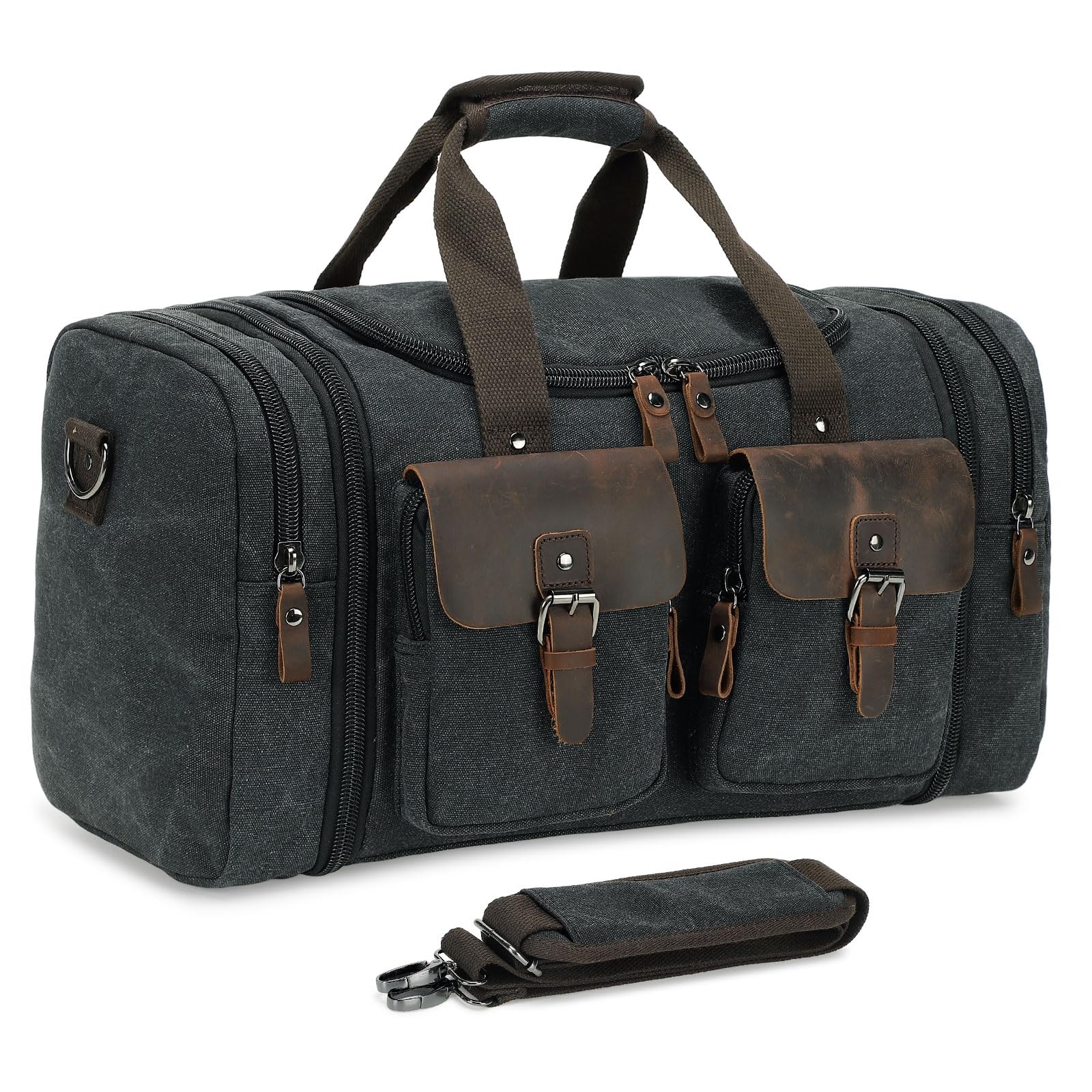 SUIKIHUM Canvas Duffle Bag with Genuine Leather Accents, Expandable 20-23 Inch Travel Weekender, Multiple Pockets, Black