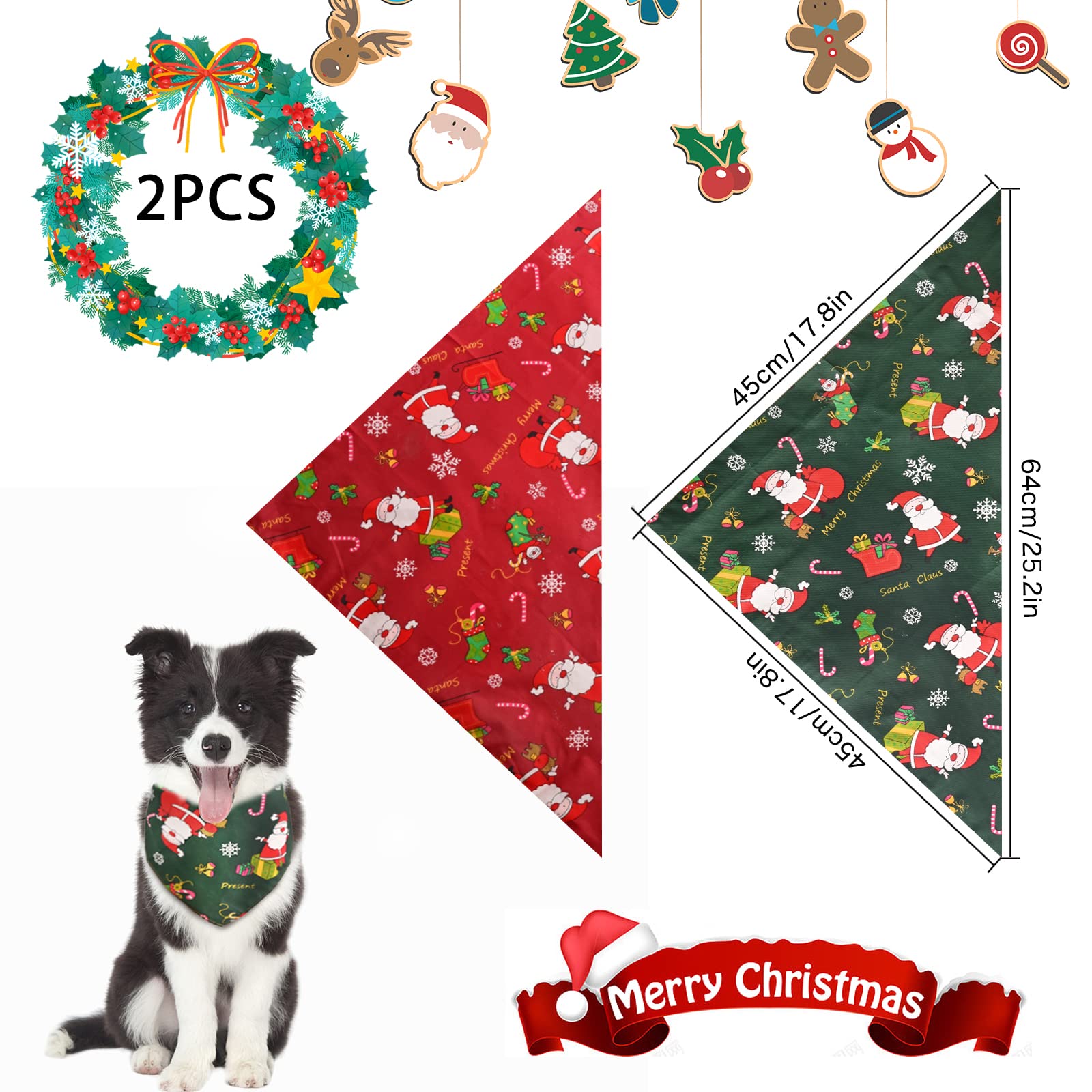 Coole Weihnachts-Bandanas Für Hunde – 2 Stück Aus Weicher Baumwolle, Rot & Grün Mit Weihnachtsmotiven