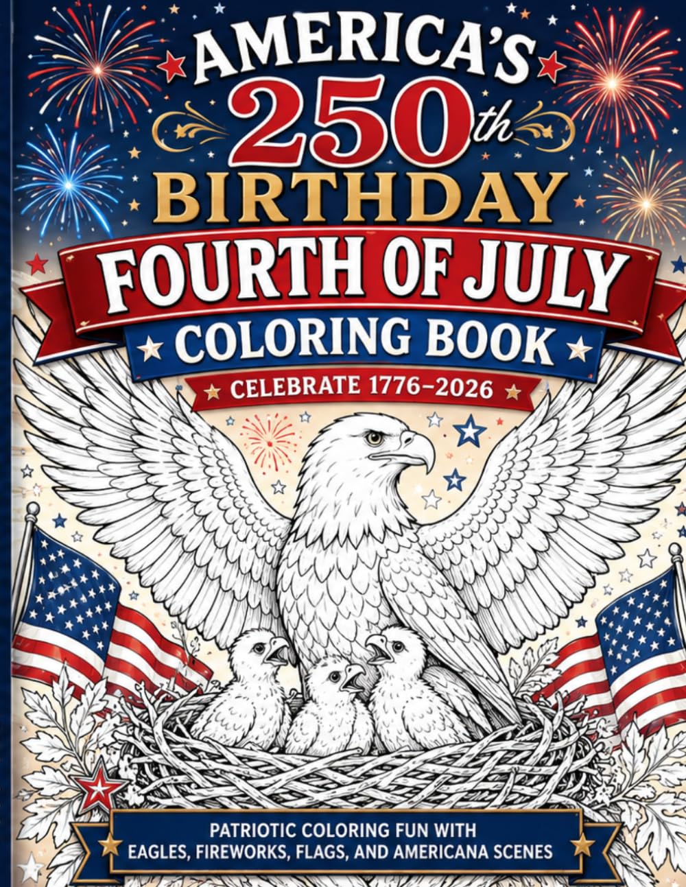 America's 250th Birthday Fourth of July Coloring Book: Celebrate 1776–2026 with Patriotic Coloring Fun, Eagles, Fireworks, Flags, Americana Scenes, and Relaxing Independence Day Designs