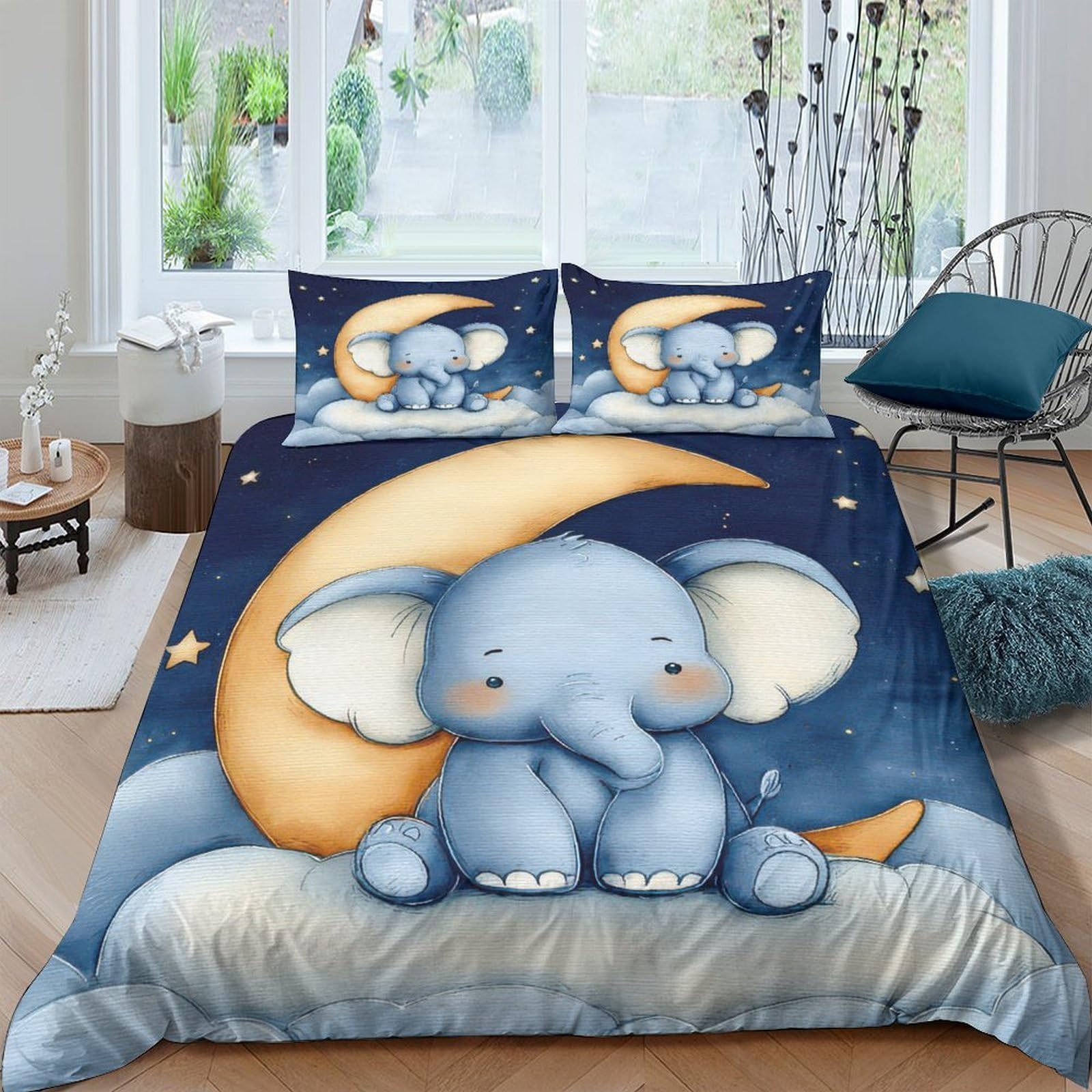 Ctjqhvkz Style-7 3D Printed Cute Elephant Fitted Sheet Microfiber Soft Breathable Cartoon Moon Bed Cover For Bedroom Dorm Mattress Decor Single（135X200cm）