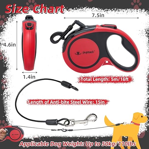 Miniatura 2 de PUPTECK Correa retráctil para perro con alambre de acero antimasticación, 360 sin enredos, para perros pequeños, medianos y grandes, resistente