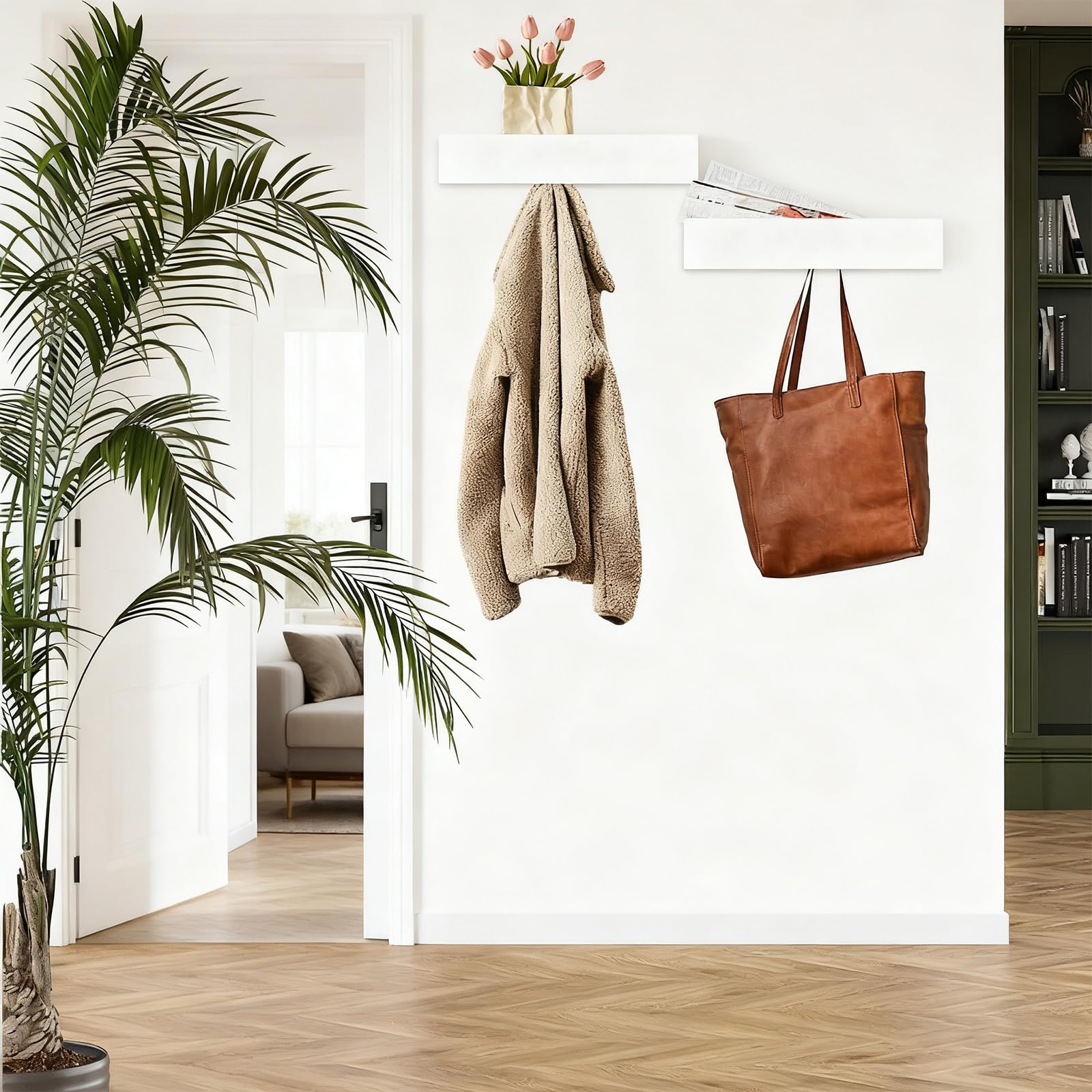 Perchero de Pared con Estante, 43,5 cm, Moderno Colgador de Pared Para Abrigos con 5 Ganchos Ocultos, Perchero Pared Blanco para Entrada, Salón y Dormitorio