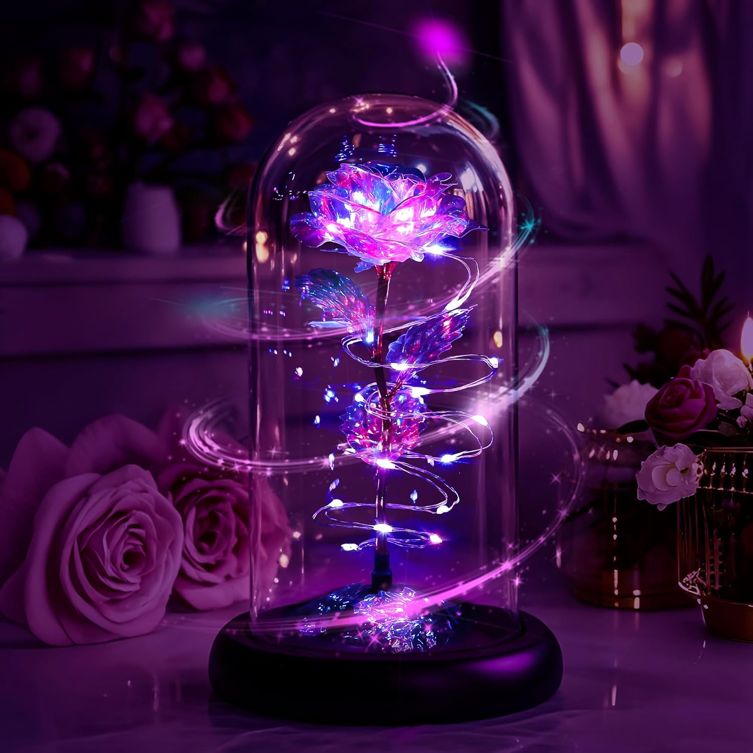 Childom Mothers Day Flowers Gifts for Mom from Daughter Son,Birthday Gifts for Women Mom Grandma Wife,Flowers for Delivery Prime,Rotating Purple Light Up Rose in A Glass Dome,Wedding Valentines Gifts