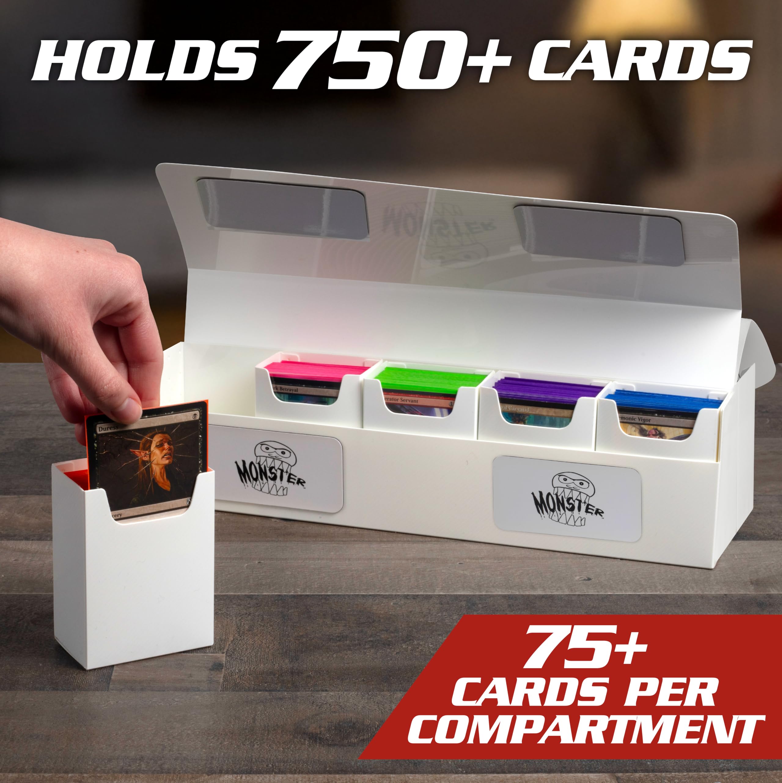 Monster Protectors Magnetic Deca Deck Box - White, Holds 800 Gaming TCGs, Self-locking Closure, Compatible w Standard & Smaller Size Gaming Trading Cards, Removable Construction, Gift