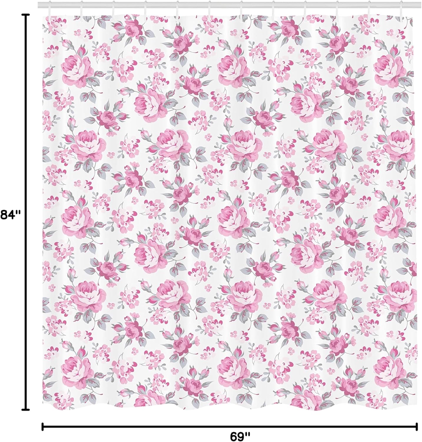 Ambesonne Shabby Flora Shower Curtain, Pink Roses with Grey Leaves Garden Bedding with Plants and Spring Blossoms Work of an Art, Cloth Fabric Bathroom Decor Set with Hooks, 69" W x 84" L, Light Pink