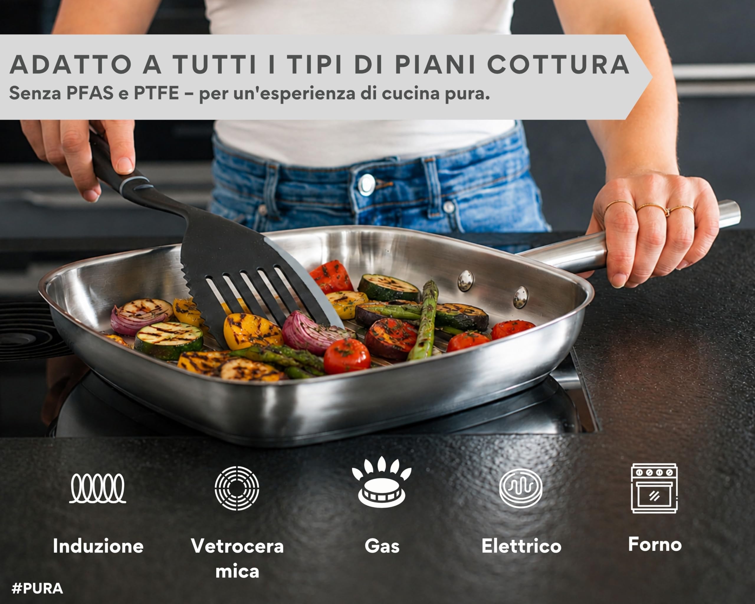 DIVORY Bistecchiera 28 x 28 cm, Padella per Bistecca in Acciaio Inox Senza Rivestimento - Induzione, Adatta al Forno e a Tutti i Piani Cottura, Senza PTFE e PFOA (PURA, 28 cm)