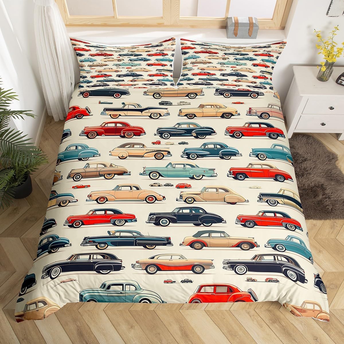 Castle Fairy Vintage Cars Duvet Cover Set Twin Size 80s Retro Sports Car Comforter Cover Transport Vehicles Bedding Set 2pcs for Kids Modern Fashion Beige Bedspread Cover,Comforter Not Included