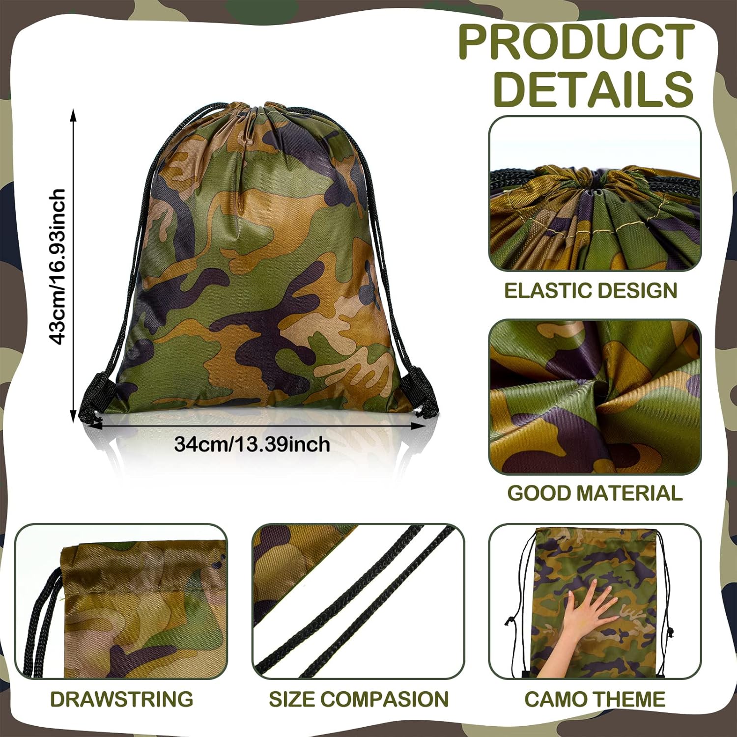 Sweetude 24 Pcs Camo Bag Waterproof Drawstring Bags Bulk, Military Army Bag Lightweight Woodland Camouflage Drawstring Backpack for Men Women Birthday Party Supplies Travel Yoga Gym Sport - Image 2