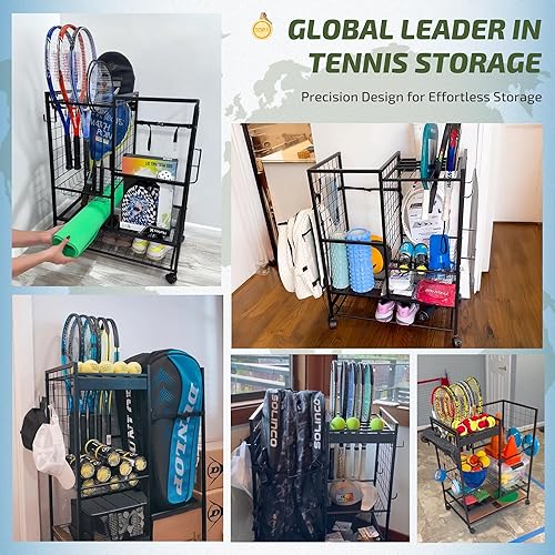 Vista 5 de PLKOW Organizador de bolsas de tenis para raquetas de tenis, soporte para equipo de tenis para bolsas, bolas, raquetas y accesorios, organizador