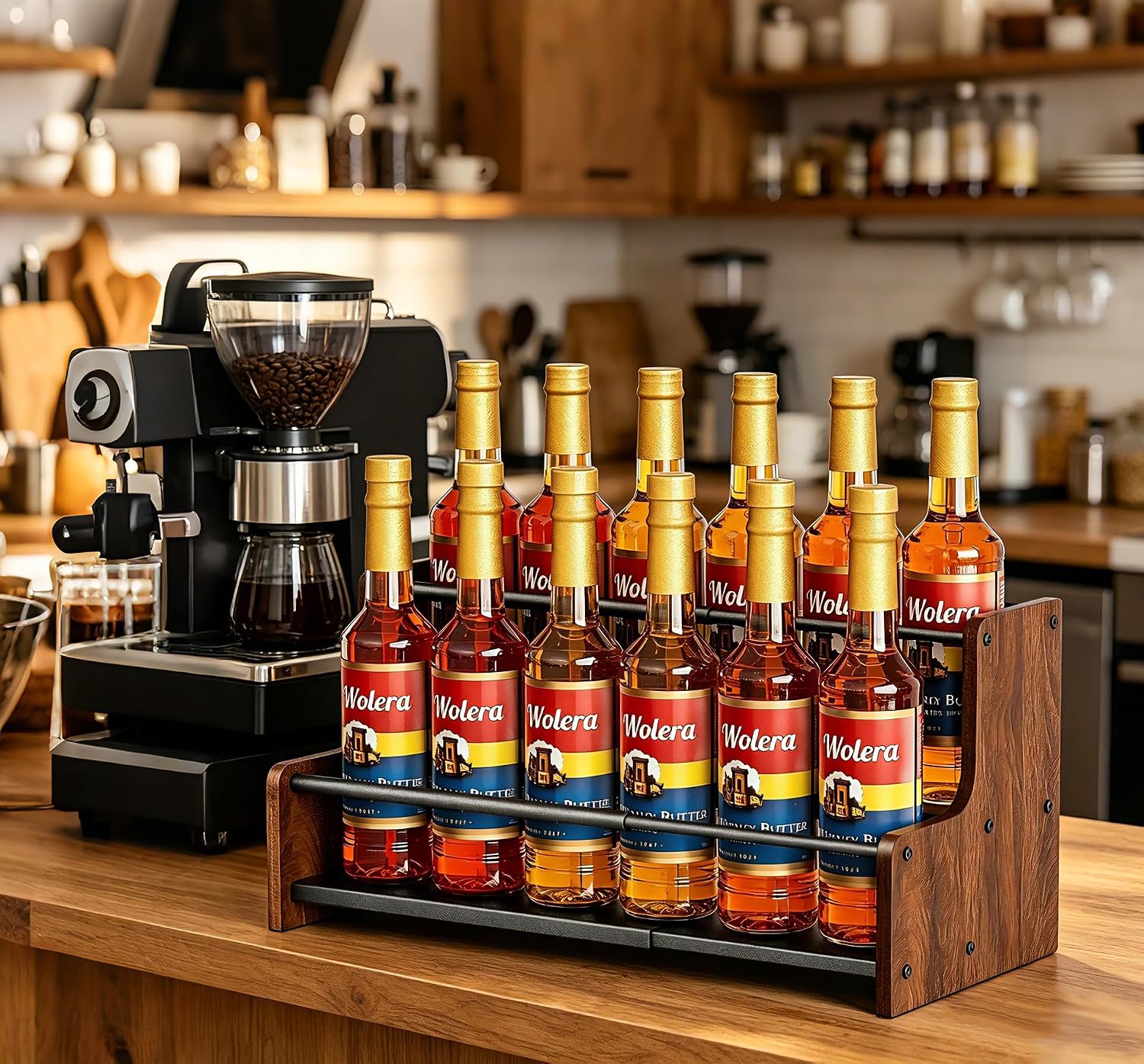 2-Tier Expandable Coffee Syrup Organizer – Countertop Rack Holds 8 to 12 Syrup Bottles, Display Shelf, Customizable Length Coffee Bar Shelf for Liquor, Spice Jars & Wine, Heavy Duty Coffee Bar Storage