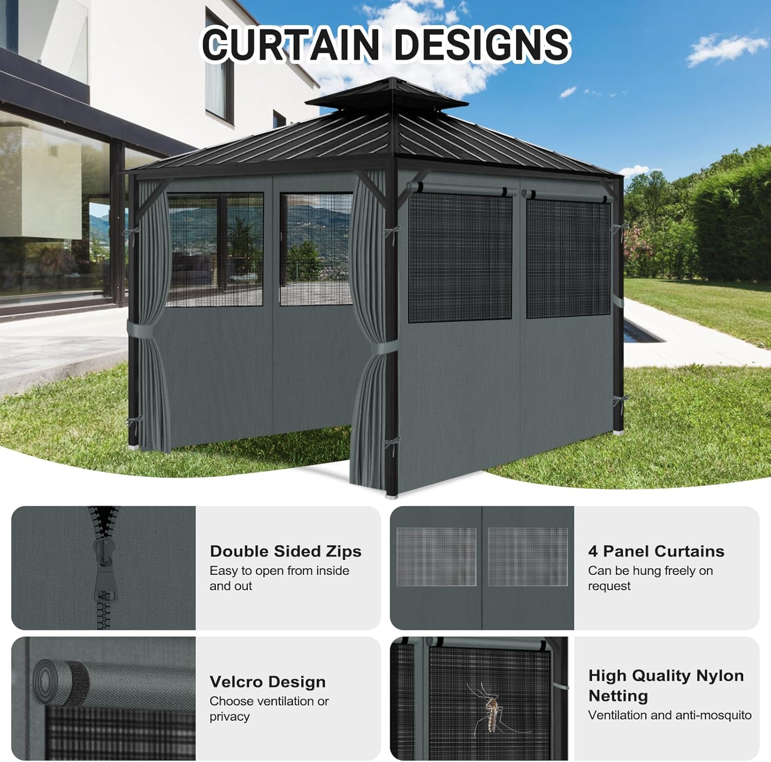 Gazebo Privacy Curtain 10'x12', Replacement Curtains with Mosquito Net Windows, 4-Panels Side Wall, Zippers, Waterproof Outdoor Curtains for Patio, Canopy, Garden and Backyard, Gray (Curtain Only)