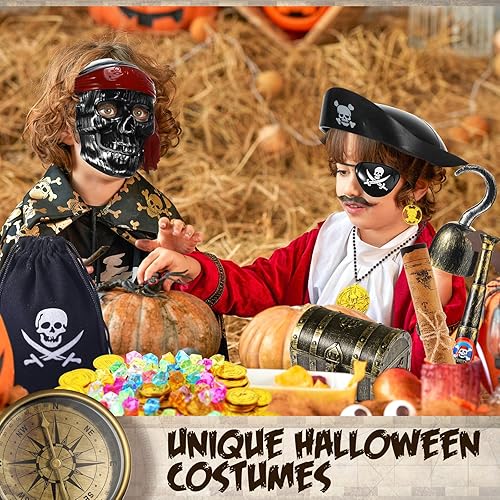 Miniatura 6 de 116 piezas de juguetes del tesoro pirata, caja del tesoro pirata con monedas, joyas, gemas y mapa pirata, brújula, telescopio para niños y niñas,