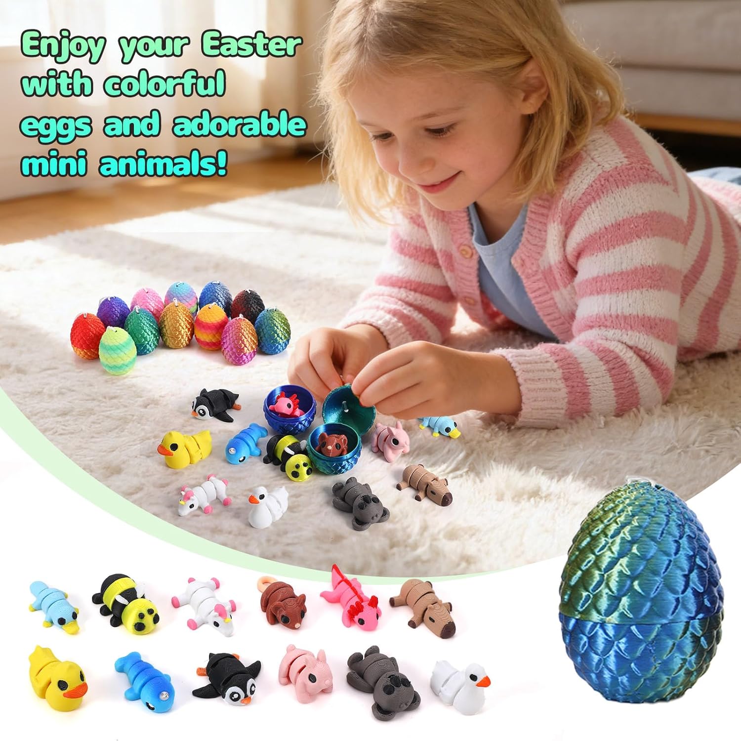 12 Pcs Mini 3D Printed Animal with 12 Pcs Easter Eggs, Articulated Flexible Cute Fidget Toys for Desk Decor, Party Favors, Christmas Easter Birthday Gift