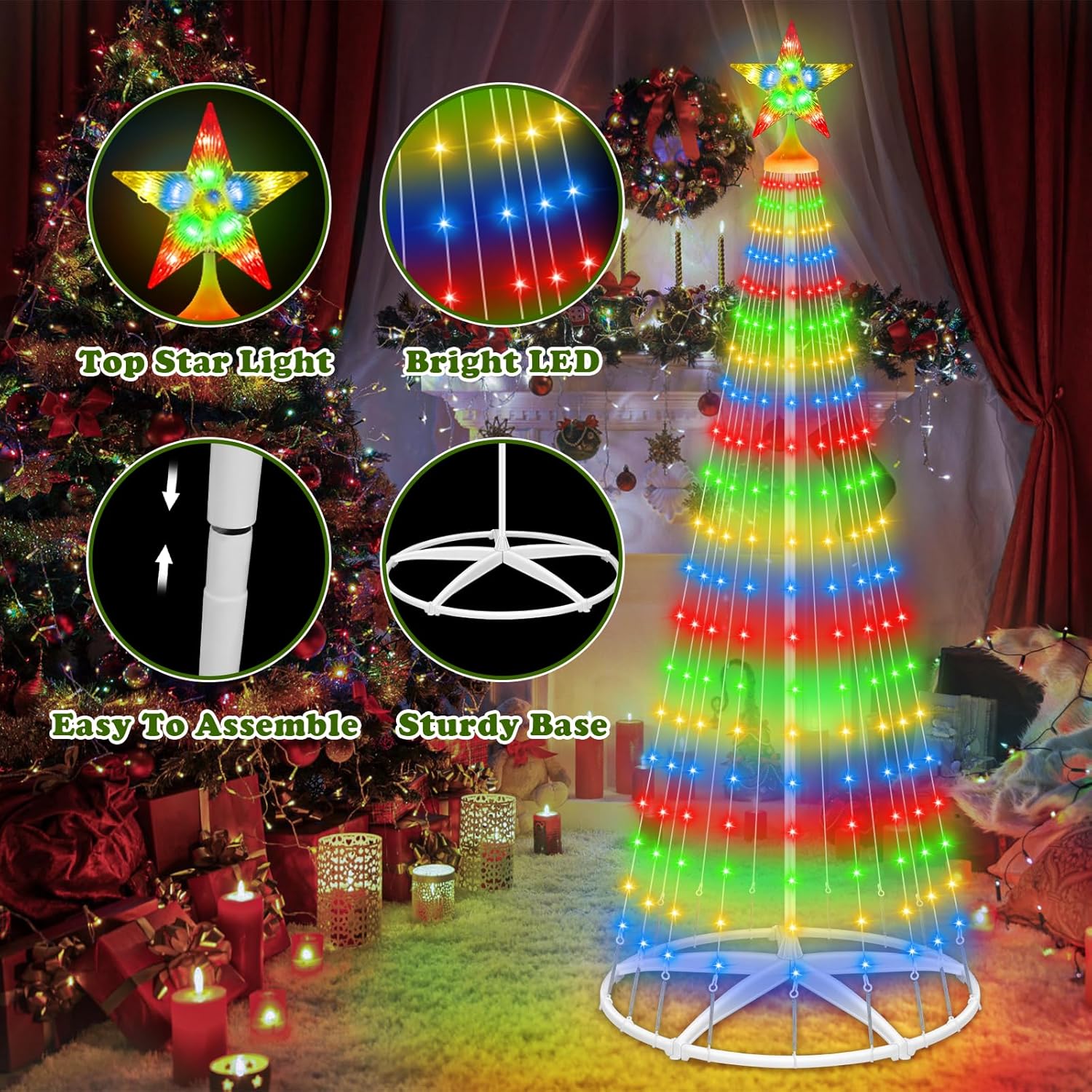 Outdoor Solar Christmas Cone Tree Lights, 7.5ft 312LED Christmas Tree Light Show with 8 Modes Timer Remote, Lighted Artificial Tree USB Charge for Xmas Yard Porch Patio Party Holiday Decor, Multicolor
