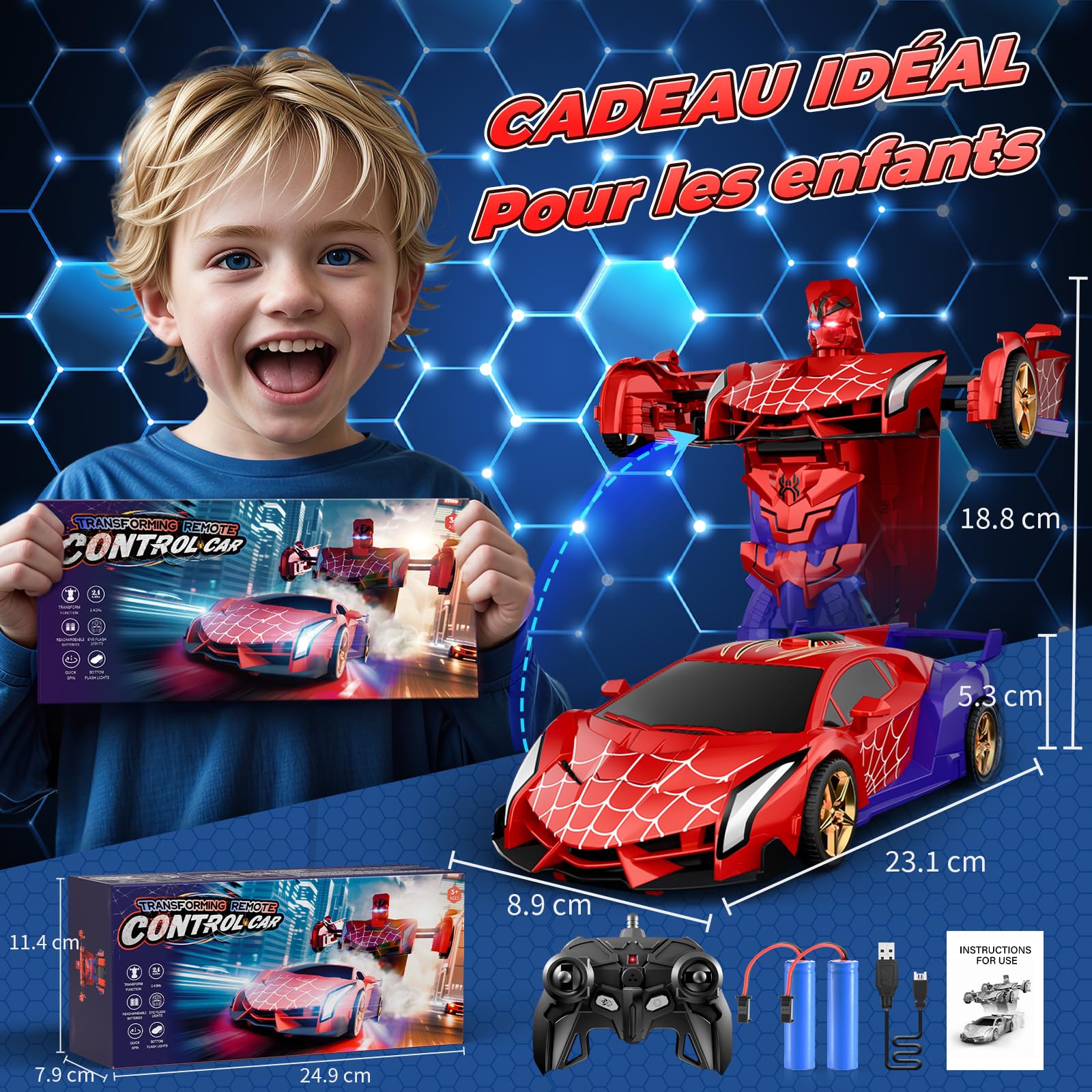 Voiture Télécommandée Transform, Yeux Clignotants & Lumières Sous Châssis, RC 2,4 GHz & Robot Rotation 360° Jouet Garçon 3 4 5 6 7 8 9 Ans Jeux Exterieur Enfant 3-12 Ans Cadeau de Pâques Anniversaire