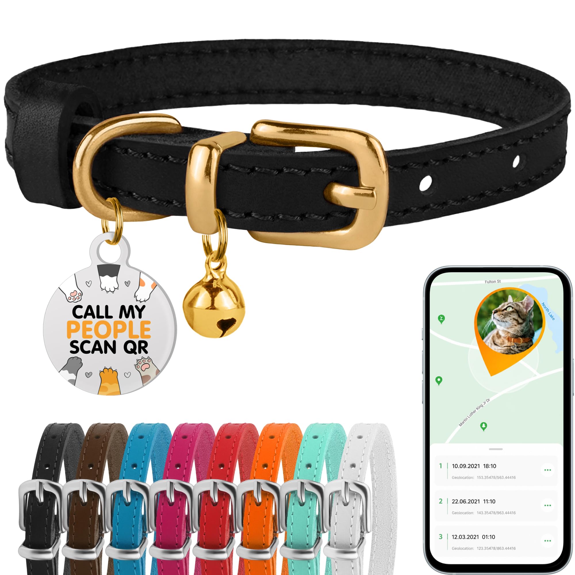 Leather Cat Collar, Removable Bells, QR Tag (7-9", Black &amp; Gold)