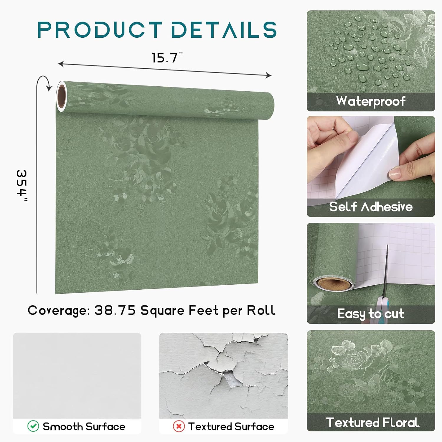 VEELIKE Vintage Sage Green Wallpaper Stick and Peel Textured Flower Wallpaper for Bedroom Bathroom 15.7''x354'' Removable Green Contact Paper for Walls Cabinets Self Adhesive Sage Vinyl Wall Paper