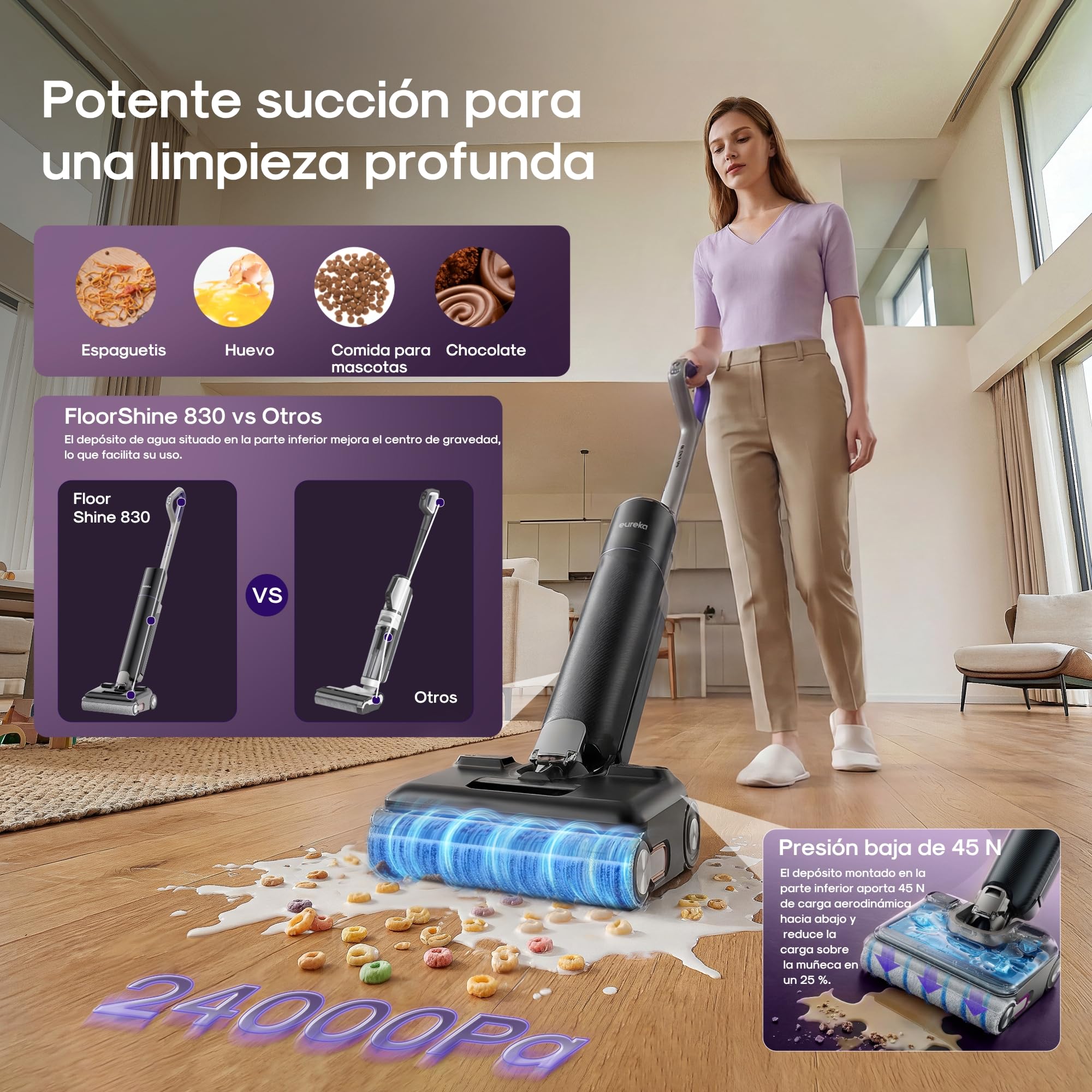 Eureka Aspiradora Fregona Sin Cable FloorShine 830, Aspirador y Fregasuelos en Seco y Húmedo 24kPa, Especial para Mascotas, Limpia Bordes, Antienredo, 60min, 180°, Autolimpieza con Secado 75°C, Negro