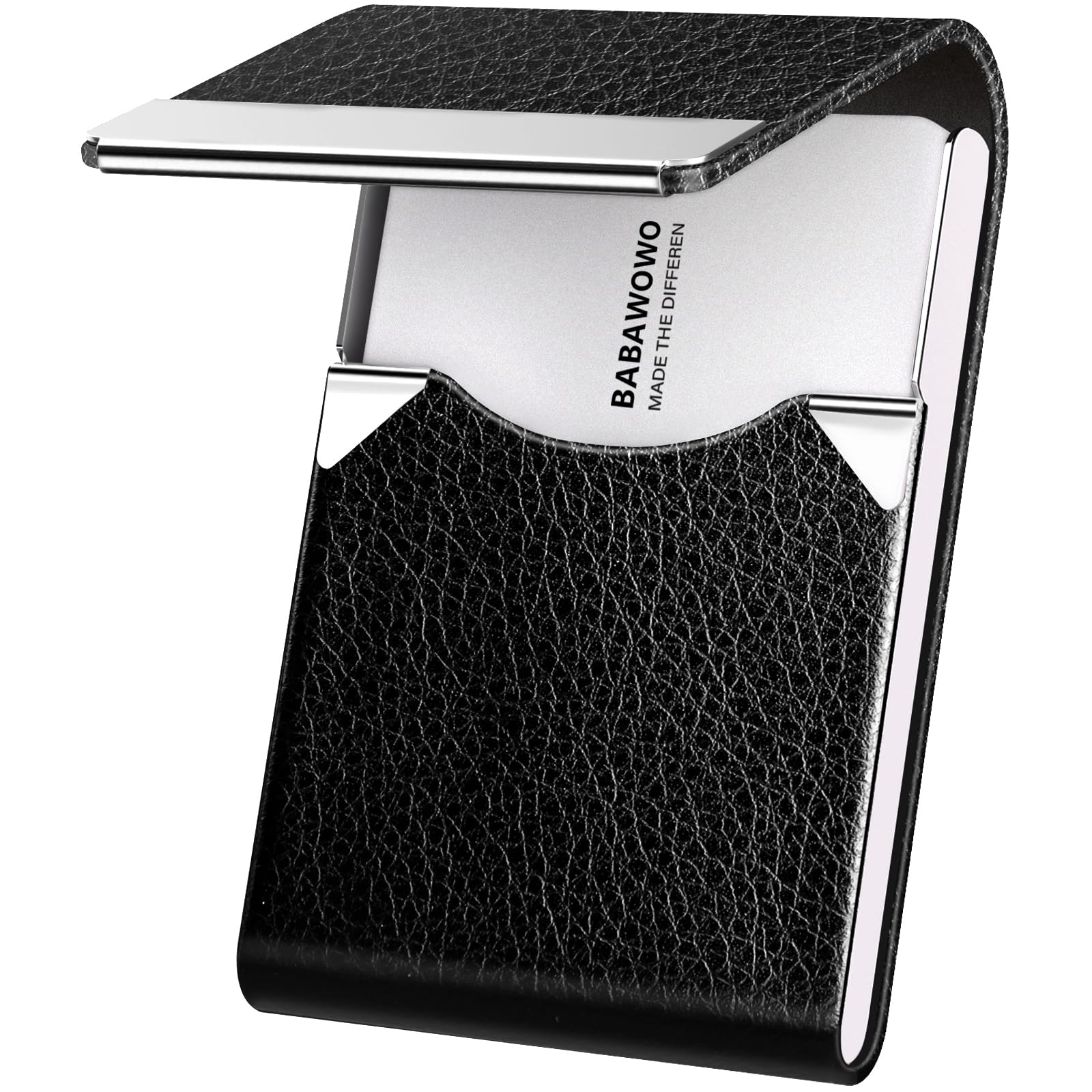 BABAWOWO Business Card Holder – Slim RFID-Blocking Card Case with PU Leather & Stainless Steel, Magnetic Closure, Holds 10-25 Cards for Men & Women (Litchi Pattern Black)