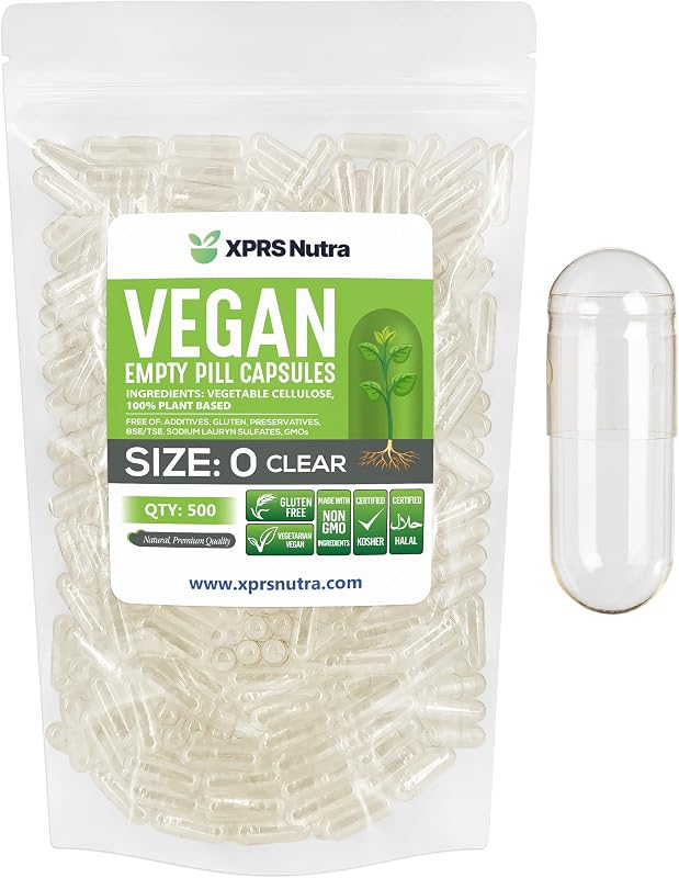 Cápsulas vacías XPRS Nutra tamaño 0 – 500 cápsulas veganas vacías transparentes – Pastillas vegetarianas – Relleno de cápsulas vegetales DIY – Tapas de pastillas vegetarianas para suplementos de bricolaje