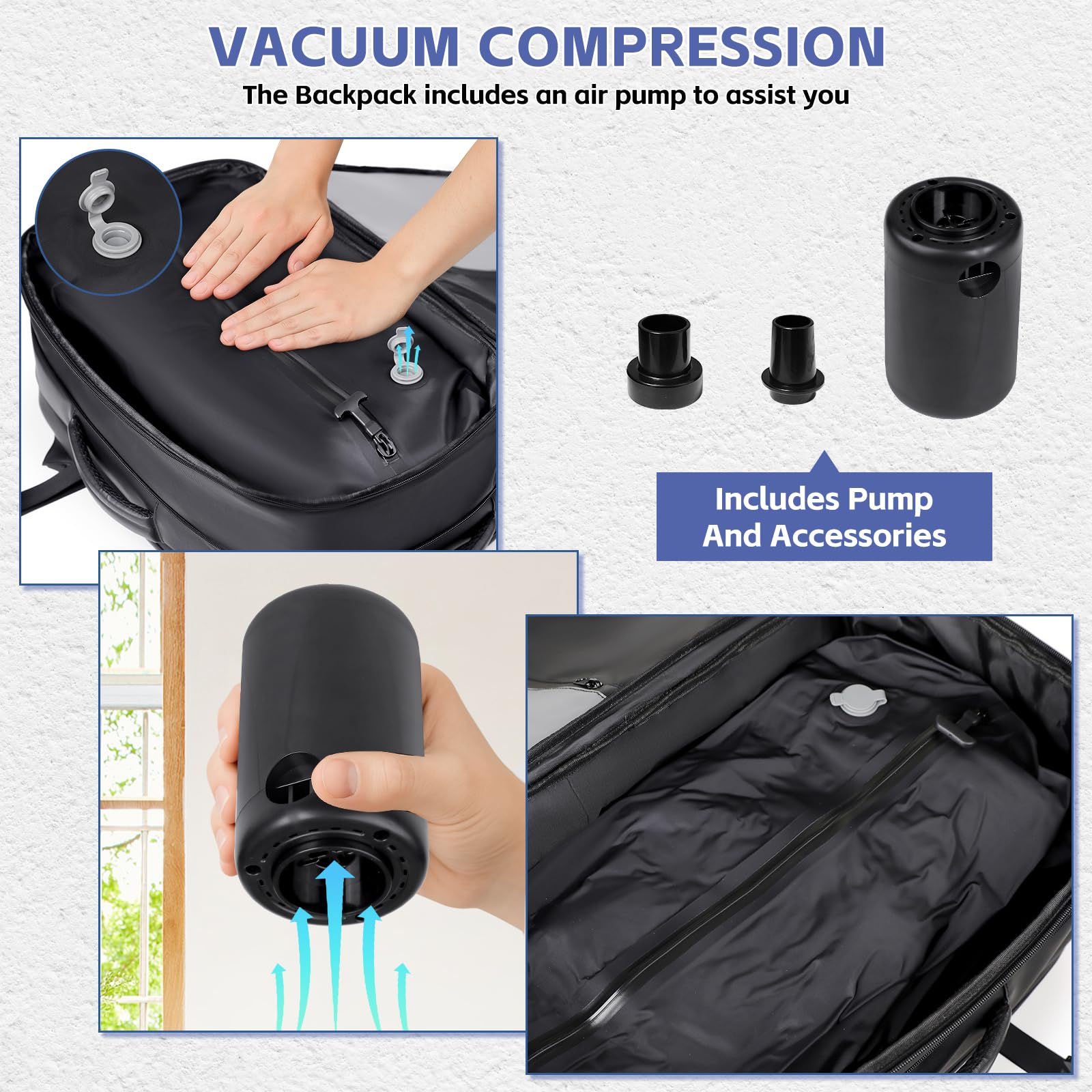 Sac à dos de voyage sous vide avec pompe, compression par airbag, extensible de 36 à 60 L, compatible avec les bagages à main, antivol TSA, pour trekking, travail, pour femmes et hommes, noir