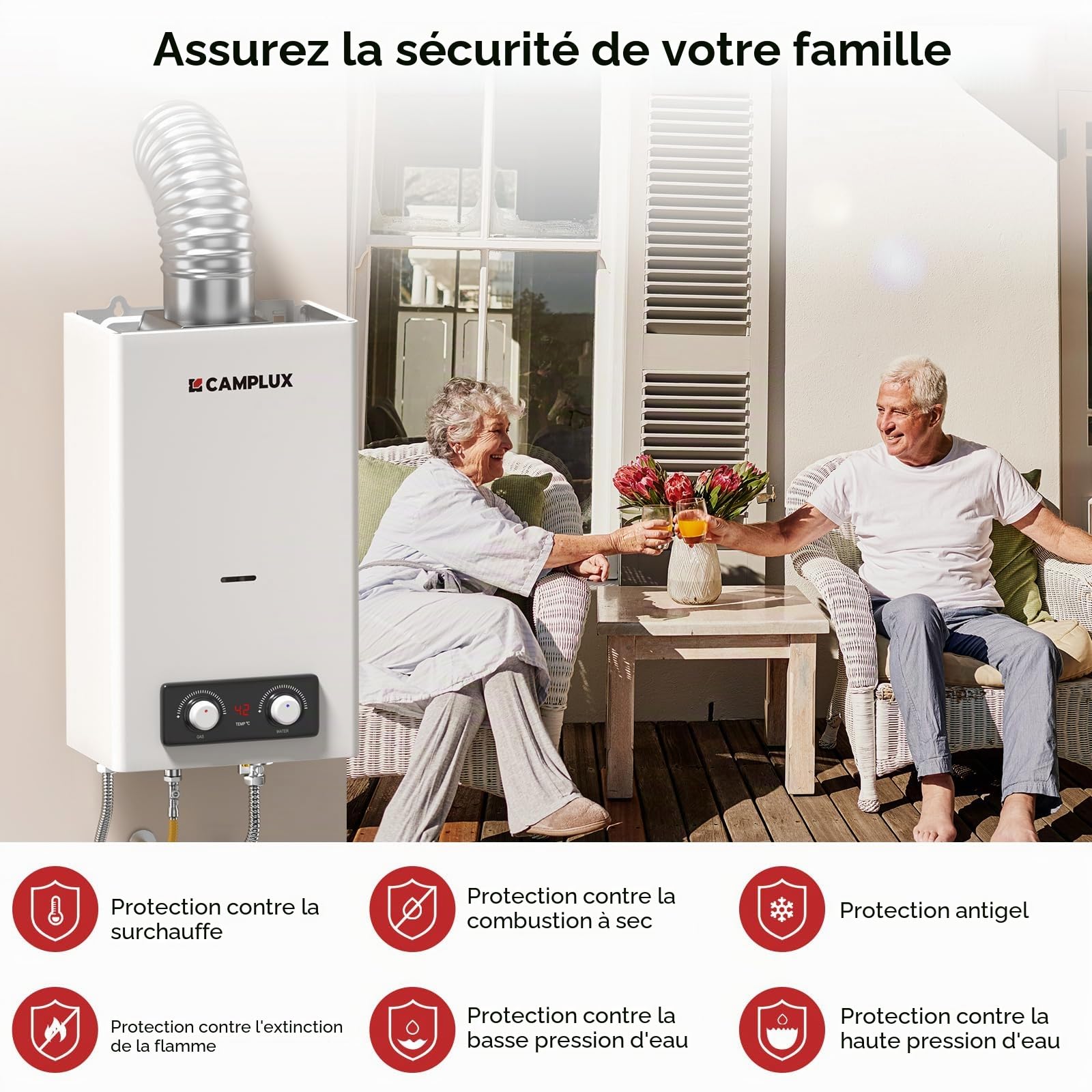 CAMPLUX BD300-DE 11L Chauffe-Eau à Gaz Instantané 50 mbar, Bas NOx/ErP, GPL, 3V, 22 kW, Chambre Scellée