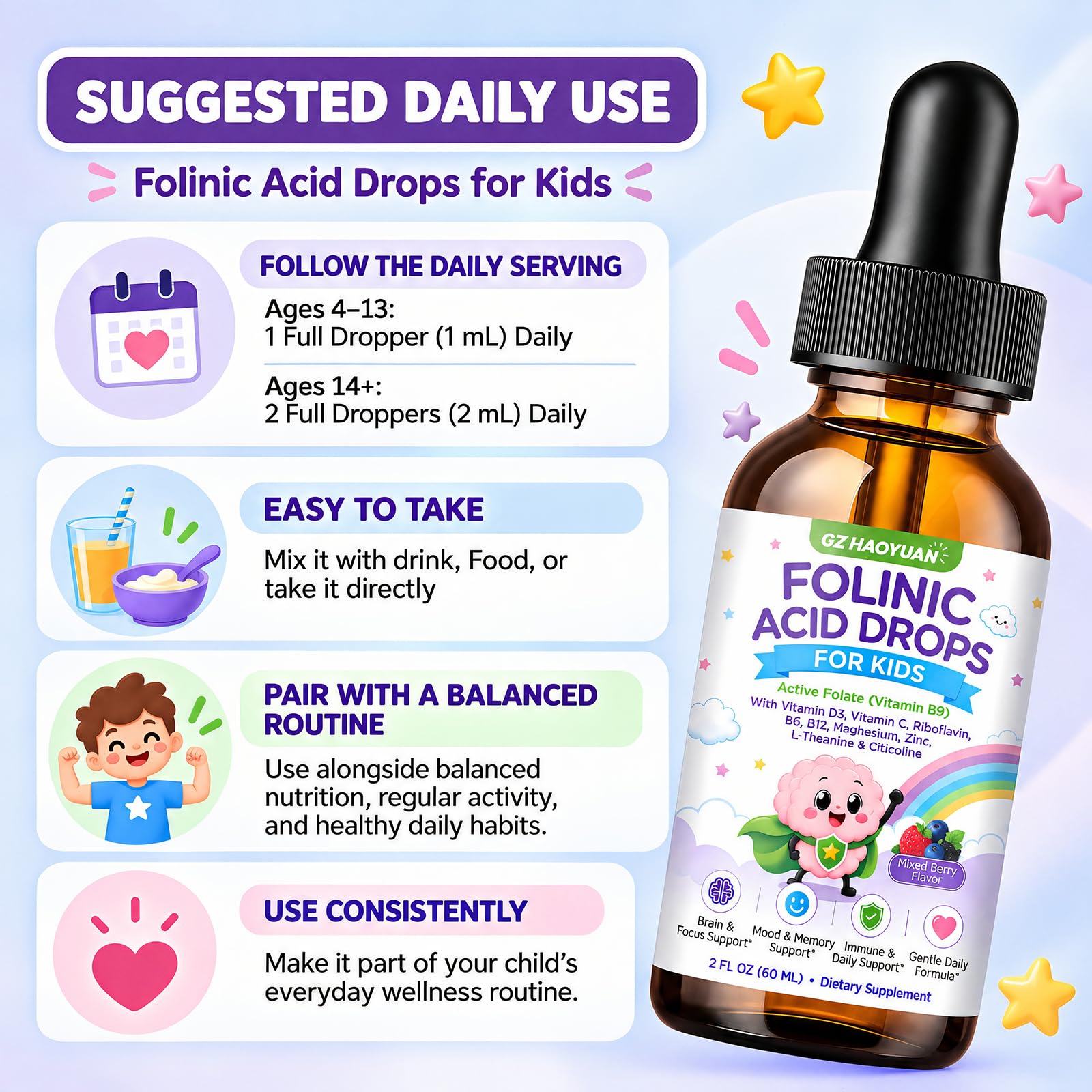 Folinic Acid for Kids, Active Folate B9 Liquid with D3, C, R5P B2, P5P B6, B12, Magnesium , Zinc, L-Theanine and Citicoline for Brain, Focus, Mood, Memory and Immune Support, Mixed Berry, 2 Fl Oz — Amazon image 5