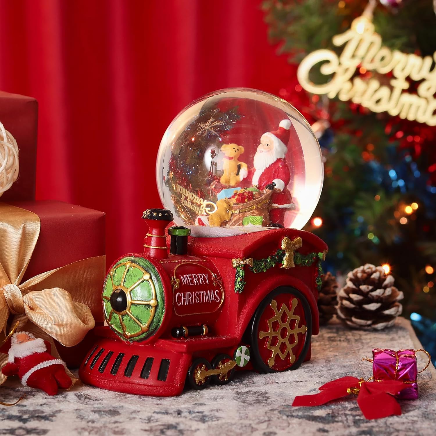 Christmas Snow Globe,Musical Water Globe with 8 Music & Colourful Lights,100mm Holiday Glitter Globe,Christmas Home Decoration,Xmas Gifts for Kids(Train)