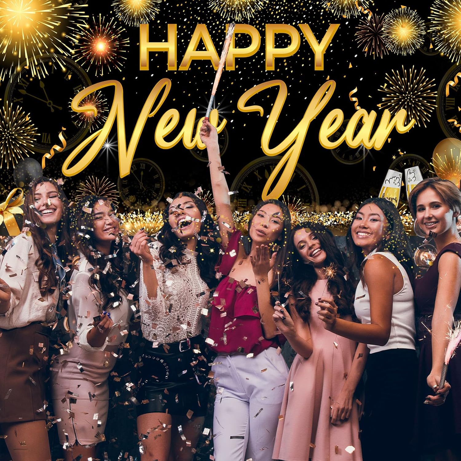 2026 Happy New Year Double Garage Door Decorations 7 x 16 Ft Black and Gold New Year Garage Door Cover Banner Outdoor Large Eve Backdrop for Home Wall Yard Decor (Firework)