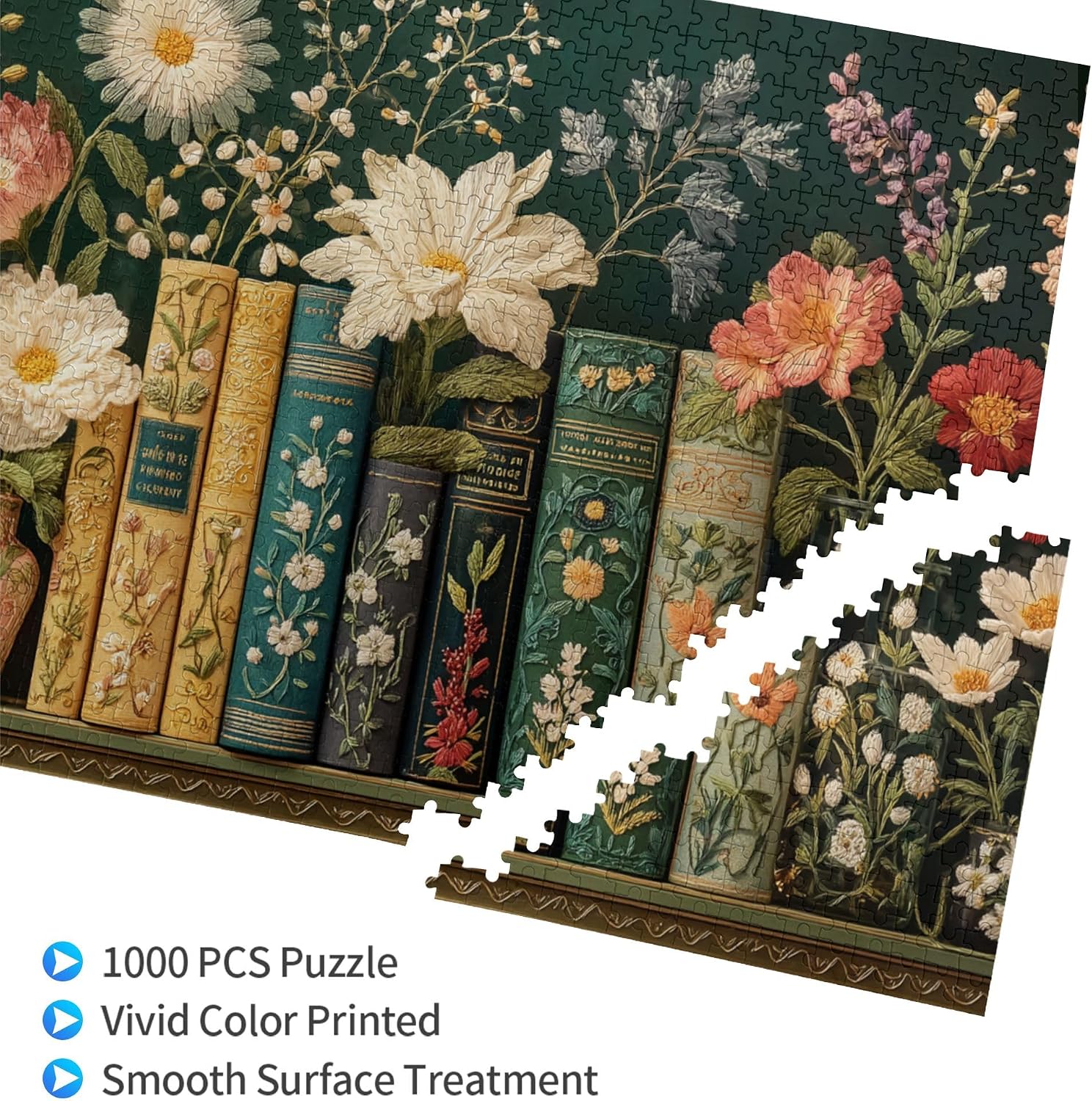Floral Embroidery Books 1000 piece Puzzle for Adults – Vintage-Inspired Shelf with Stitched Flowers and Elegant Texture Detail