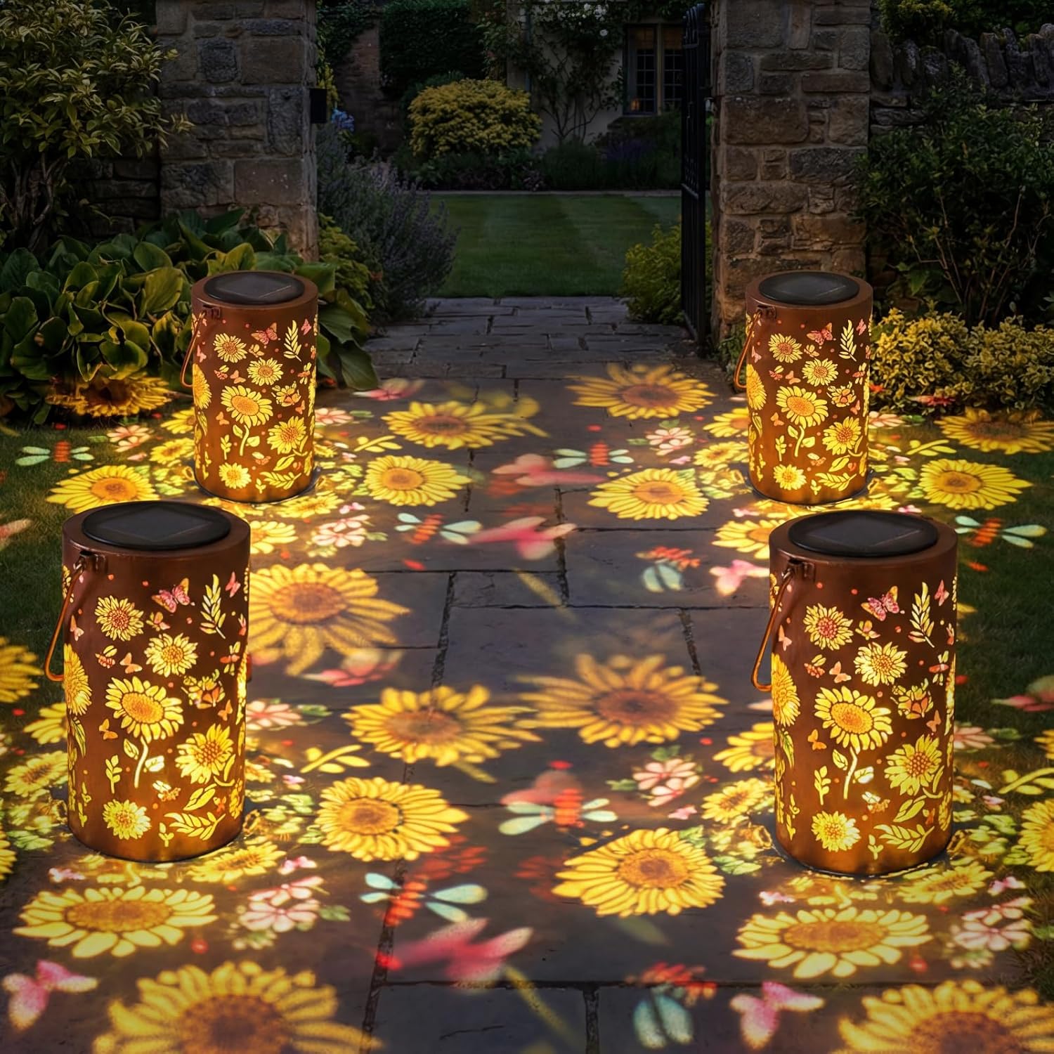 4 Pack Sunflower Solar Lanterns Outdoor Waterproof , Garden Backyard Patio Decor Gifts for Women Mom Sister Her, Grandma Hanging Solar Lights Metal Decoration Outside for Yard, Patio, Backyard, Porch
