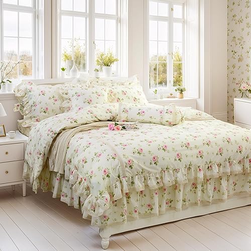 FADFAY Juego de funda de edredón con estampado floral de roseta, juego de ropa de cama de encaje con volantes para niñas, 3 piezas, tamaño individual