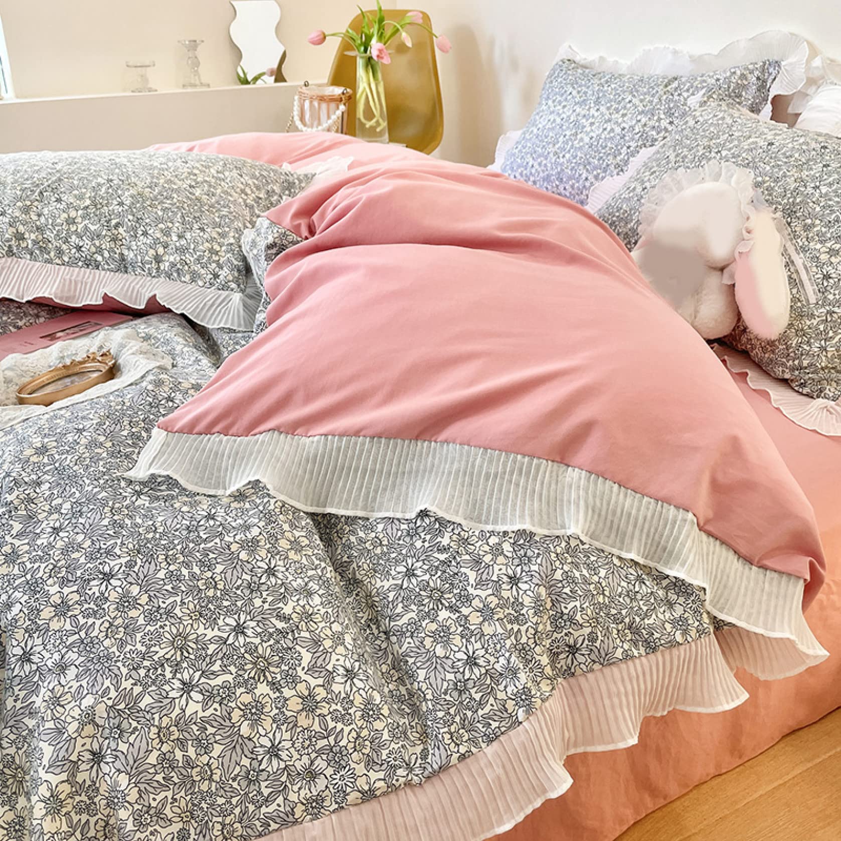 布団カバー 花柄 フリル ピンク 吸水速乾 丸洗いOK 色落ちしにくい Amazon｜布団カバー 3点セット シングル 花柄 ピンク フリル カラー 姫