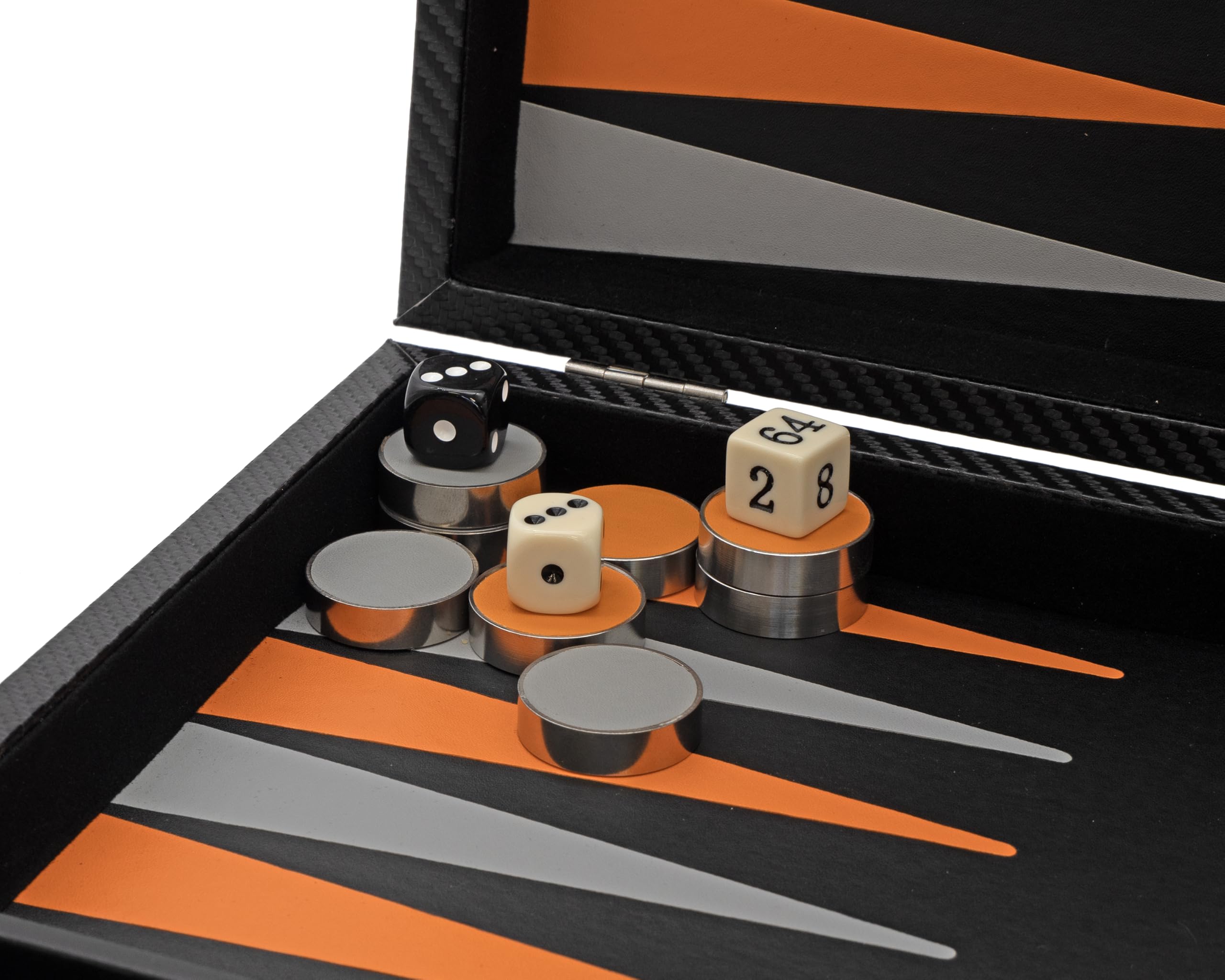 Backgammon pieghevole in similpelle nero e arancione