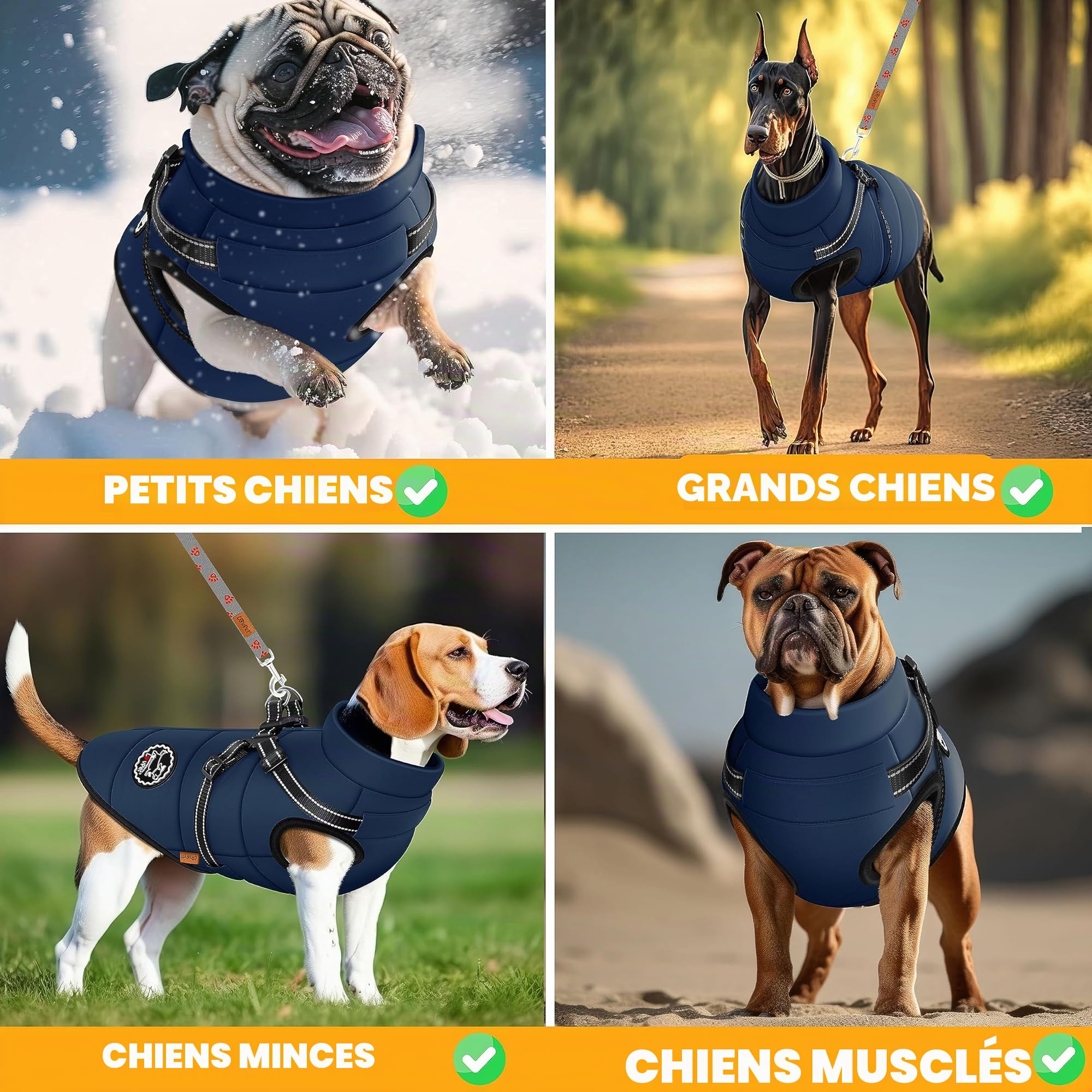 Lovpet® Manteau pour Chien avec Harnais, 45 Sacs à déjections Canines + Distributeur, Gilet d'hiver doublé imperméable rembourré avec Sangle de Poitrine, réflecteurs, Anneau en D, Taille 5XL, Bleu