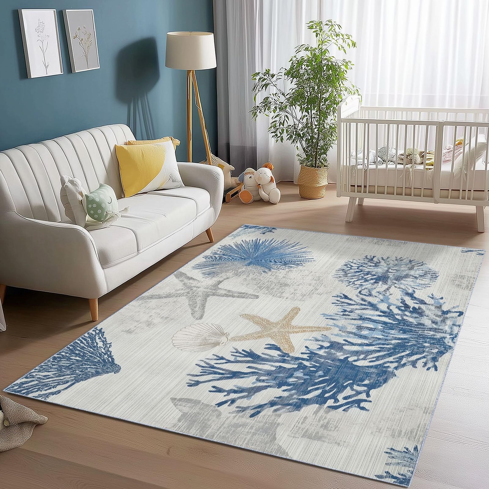 Blu Tappeto Salotto 120 x 170 cm Antiscivolo Tappeti Lavabile Stile Marino Texture Stella Marina Corallo Motivo Pelo Corto per Camerette Camera da Letto Sala da Pranzo